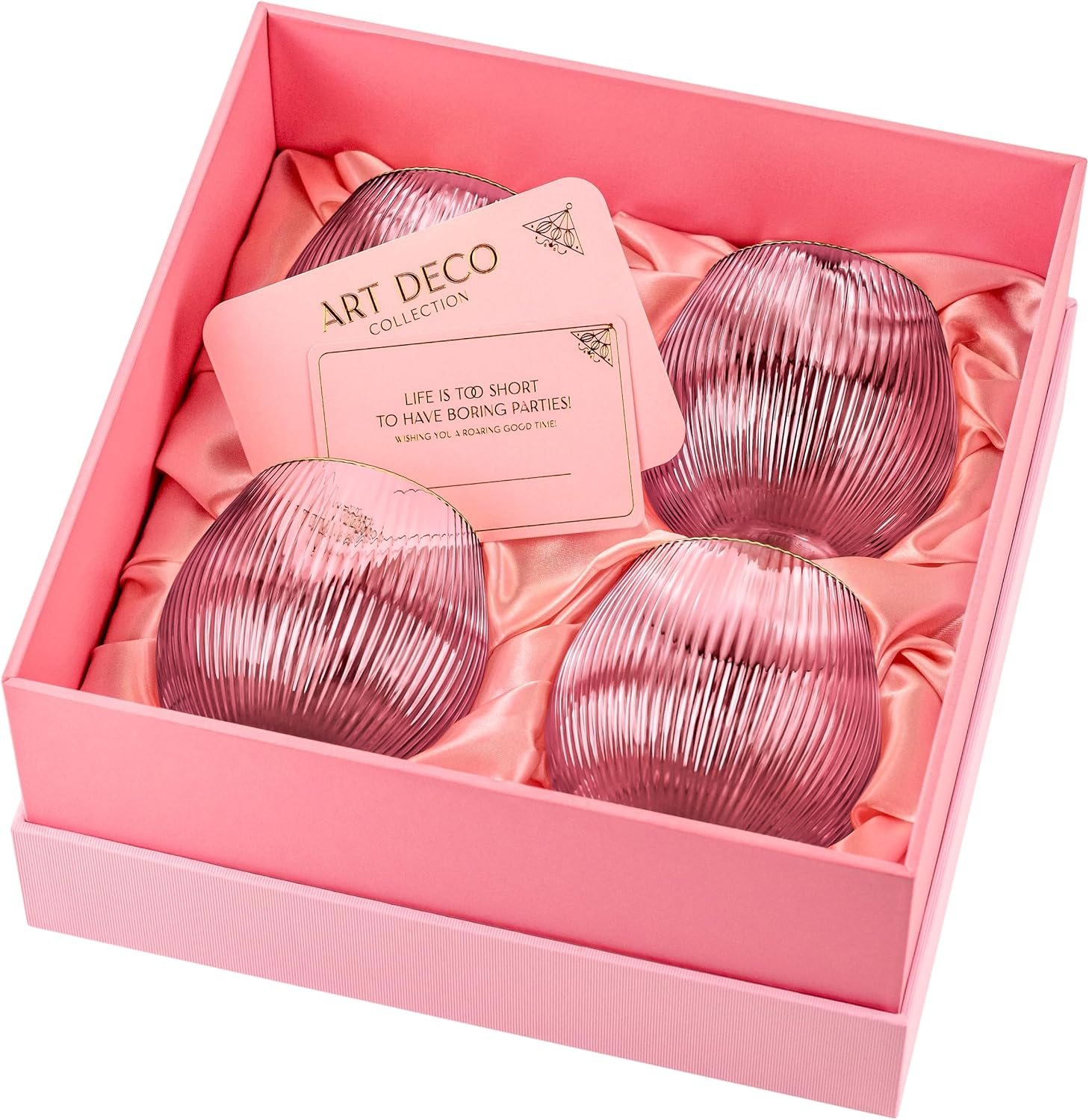 GLASSIQUE CADEAU Vintage Art Deco Ribbed Gin Tonic Cocktail Glasses in Delicate Pink with Gold Rim, Set of 4, 400 Ml Ribbed Crystal Gin Glasses for Cocktails, Gift Set for Gin Lovers