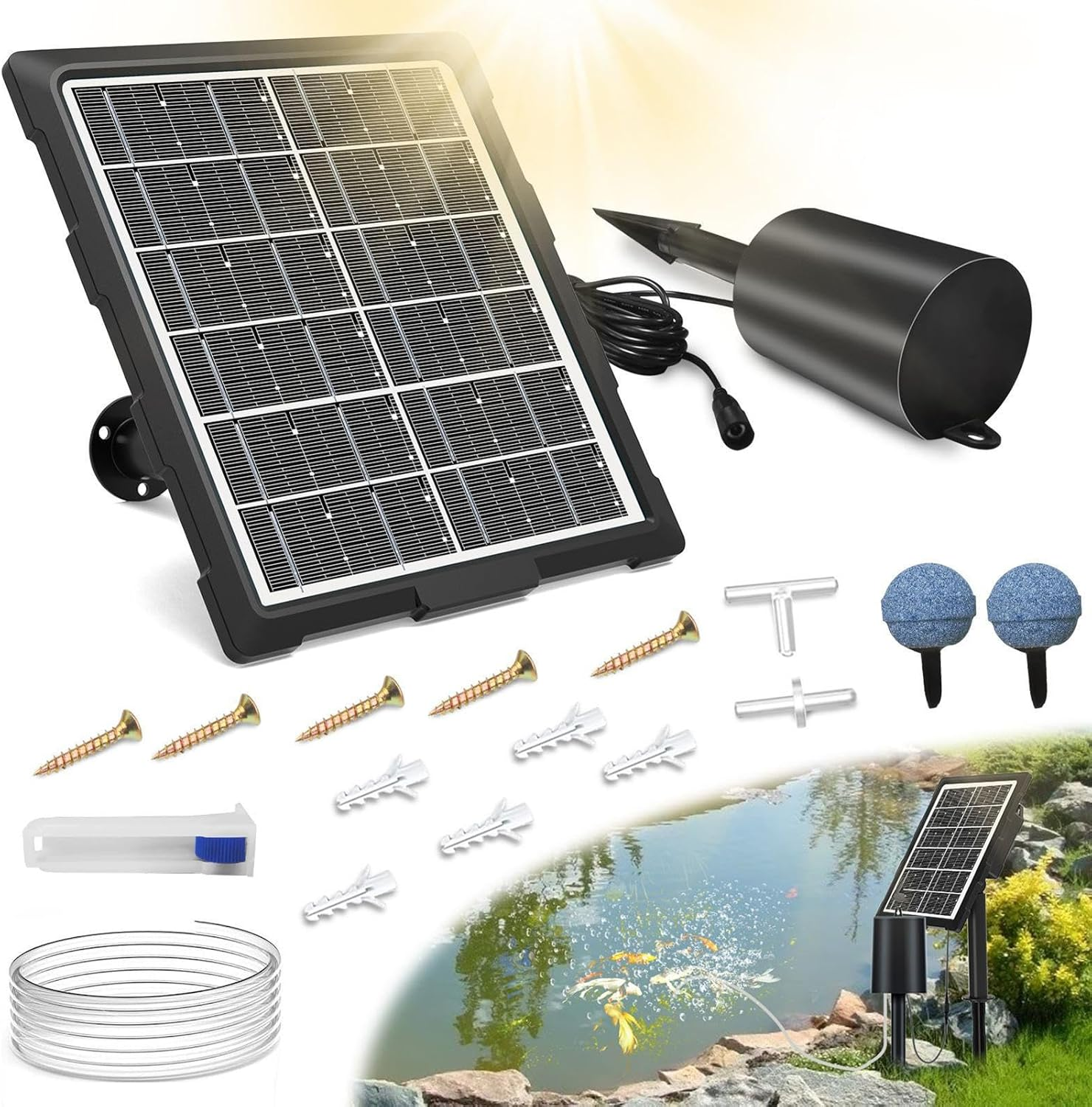 Solar Powered Pond Aerator, Solar Pond Oxygenator, 3 Working Modes, Waterproof Oxygenator with Pipe and Air Bubble Stone for Aquarium Fish Tank image number 3