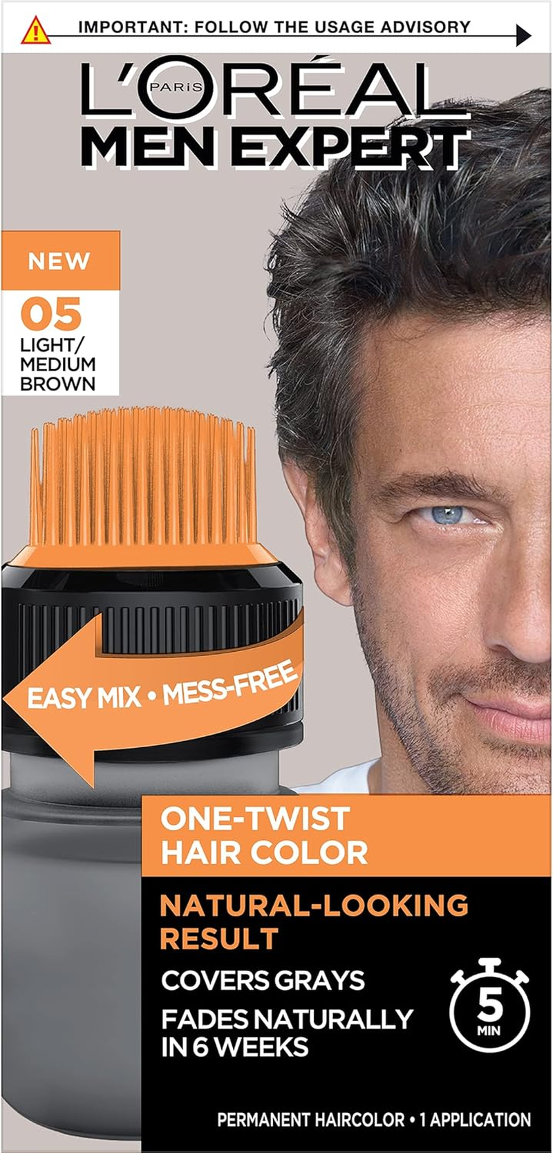 L&rsquo;Oreal Paris Men Expert One Twist Mess Free Permanent Hair Color, Mens Hair Dye to Cover Grays, Easy Mix Ammonia Free Application, Real Black 02, 1 Application Kit