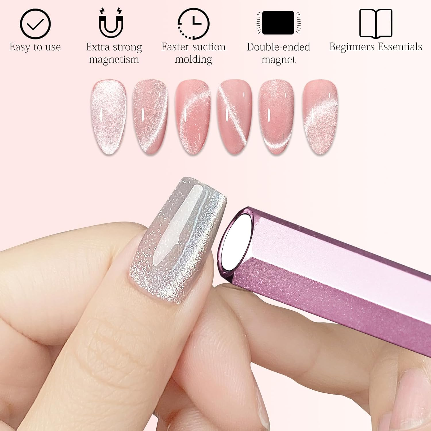 C12Rtive Cat Eye Magnet Tool,Professional Double-Ended Hexagon Strong Nail Magnet Stick for Cat Eye Gel Nail Polish,Suitable for Personal DIY, Nail Studio or Nail Salon(Pink), Long - Silver image number 6