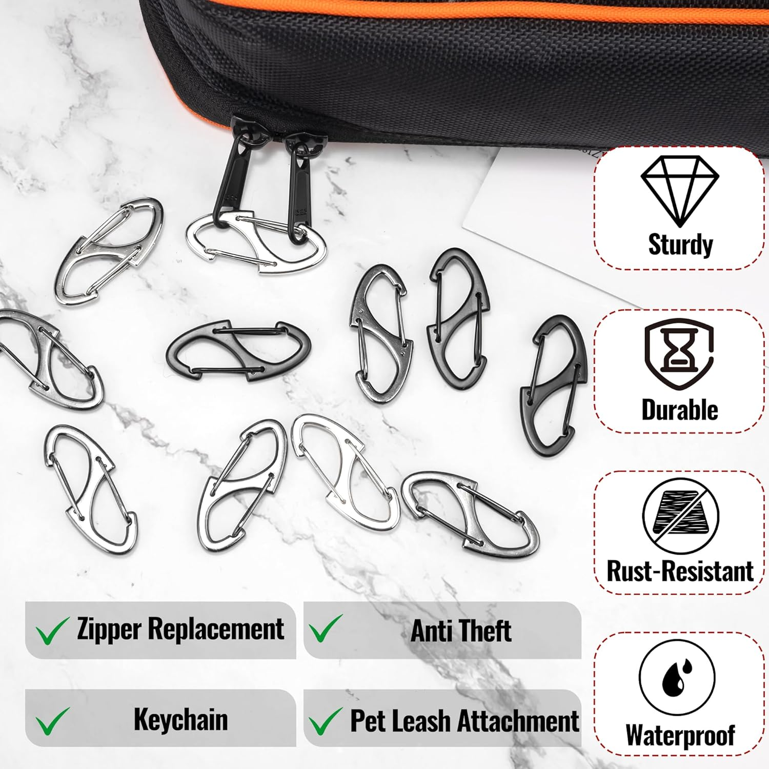 20Pcs Zipper Clips anti Theft, Zipper Pull Replacement for Backpacks, Dual S Shaped Small Carabiner Clip Theft Deterrent for Suitcase, Keep Luggage Closed, Silver and Gunmetal Black - Silvergunmetal Black image number 4