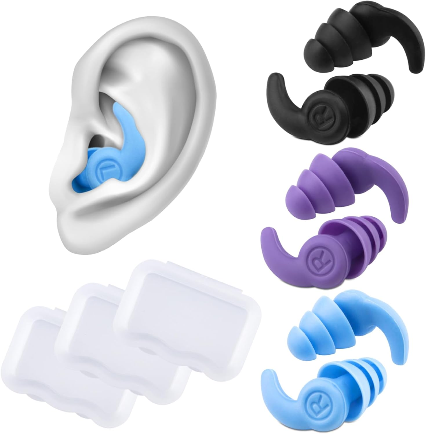Reusable Ear Plugs for Swimming, 3 Pairs Soft Silicone Waterproof Swim Earplugs with Noise Cancelling for Bathing, Surfing, Swimming, Kayaking and Other Watersports (Adult, Black Blue Purple) image number 6