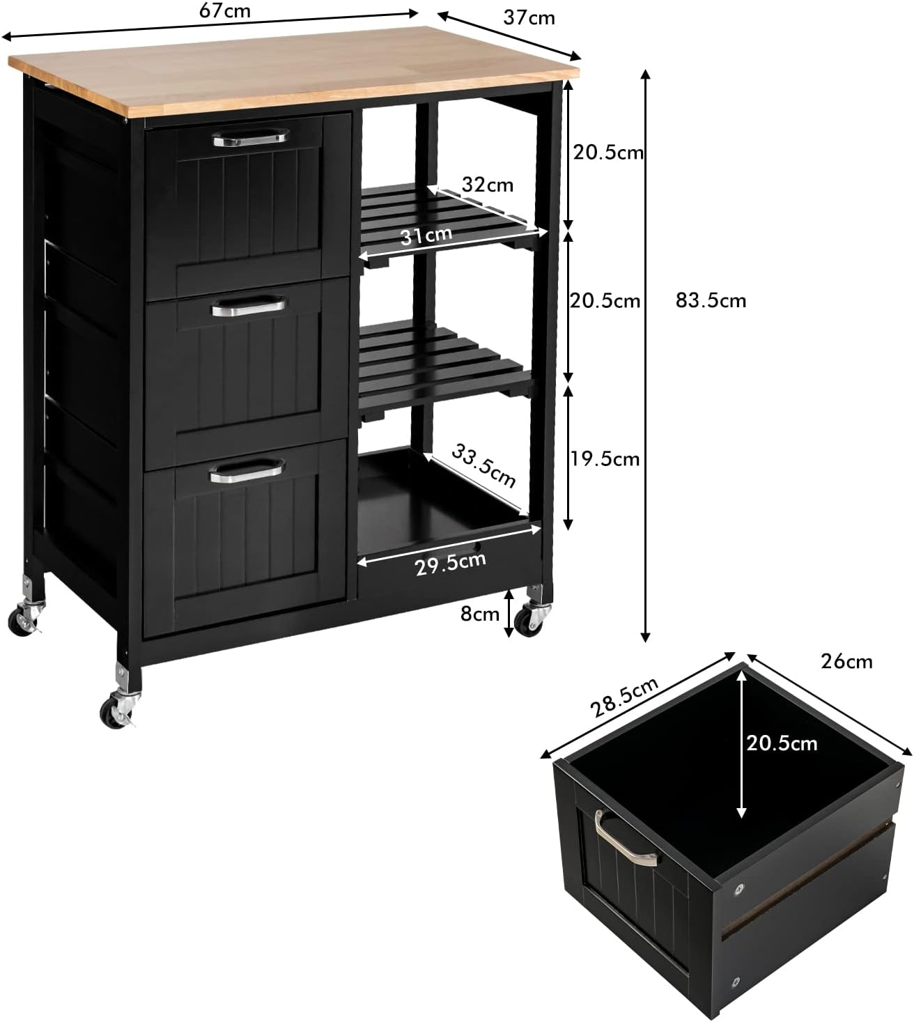 Giantex Kitchen Island on Wheel with Storage, Rolling Cart W/Rubber Wood Countertop, 3 Drawers, Removable Tray & Open Shelves, Lockable Casters, Mobile Serving Trolley for Kitchen Dining Room (Black) image number 3