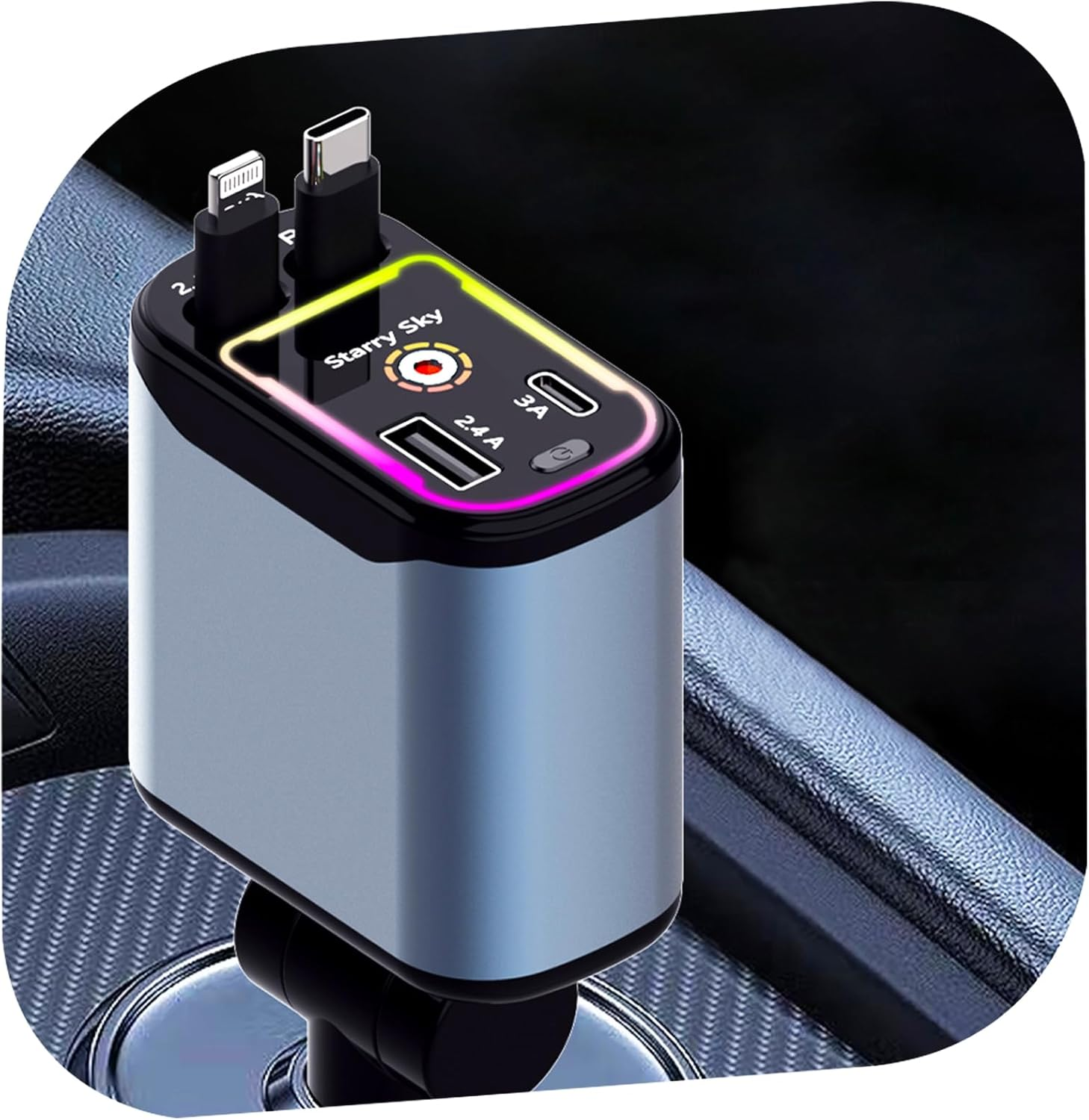 BFIRDEBTS 4-In-1 Retractable Car Charger,120W USB-C/USB-A with PD & Qc3.0 Fast Charging,Starlight Ledlight-Compatible with Phones,Tablets In-Car Use &Travel image number 4