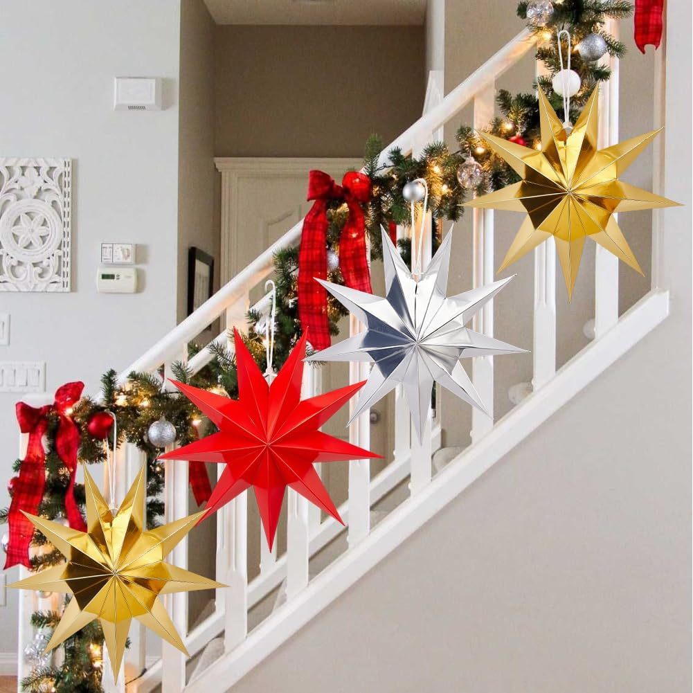 GORGECRAFT 6Pcs 3 Colors Paper Star Lanterns Gold Silver Red Nine Pointed Stars Winter Holiday Christmas Xmas Hanging Lampshade Lantern Decorations for Wedding Birthday Party Home Decor image number 6