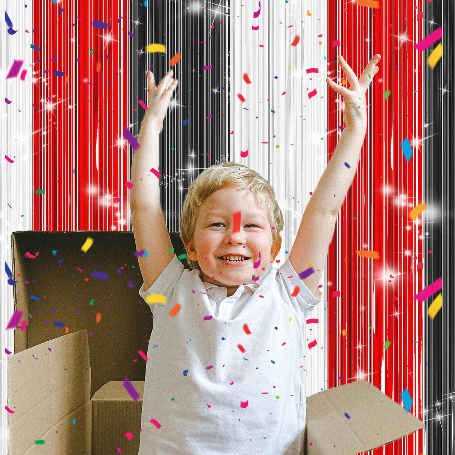 3 Pcs Tinsel Party Streamers, Red Black and White Foil Fringe Curtains Tinsel Streamers Foil Fringe Curtain Backdrop for Birthday Party Decorations image number 1