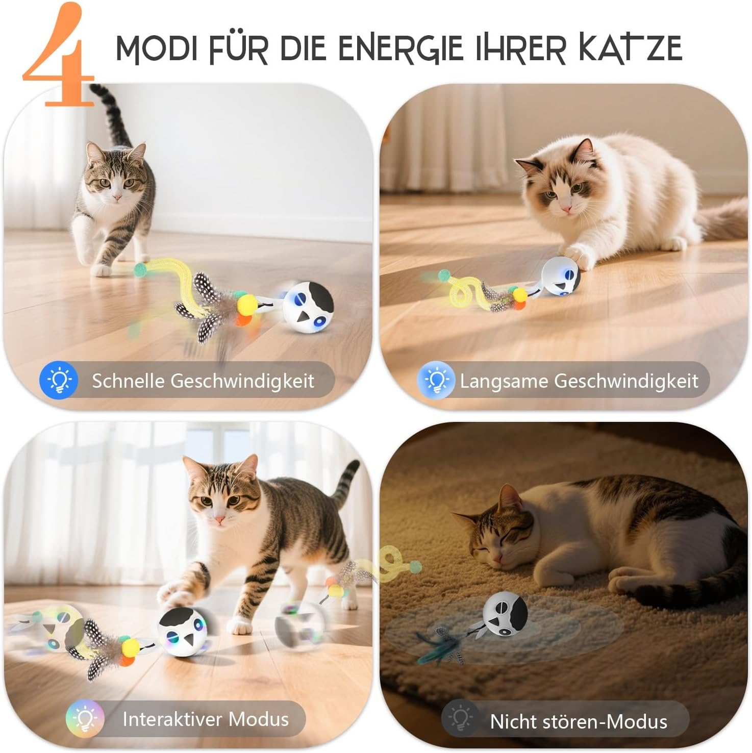 Zeepet Interactive Cat Toy for Adults, House Cats and Kittens, Automatic Moving Bird Ball with 2 Feather Tails, Touch Activation, Multiple Chirping Tones (White) image number 1