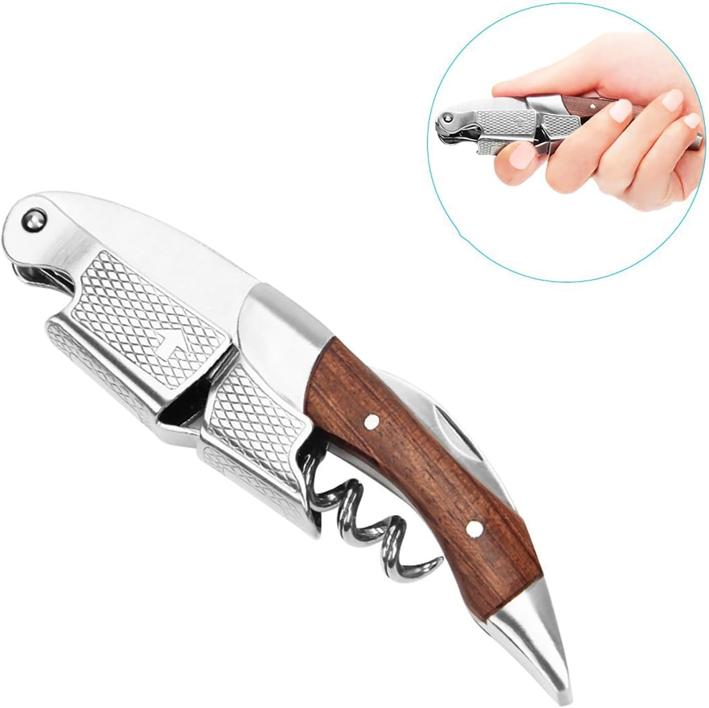 XBOGO Professional Wine Opener Corkscrew Bottle Opener Beer Opener Foil Cutter All-In-One Stainless Steel Cap Opener with Rosewood Handle Best Choice of Housewives Sommeliers Waiters and Bartenders image number 6
