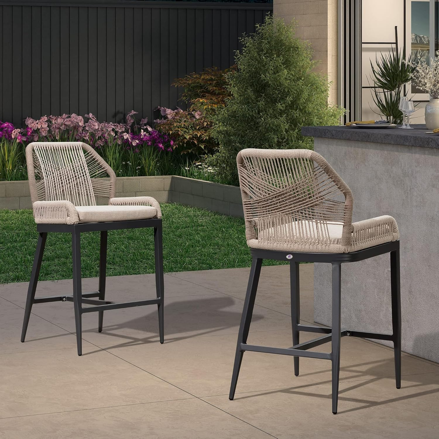 Purple Leaf Bar Stools All Weather Metal Outdoor Chair with Comfy Rattan Back and Cushion Modern Bar Height Stool for Patio Balcony Pool Dining Room Outdoor Indoor,Grey