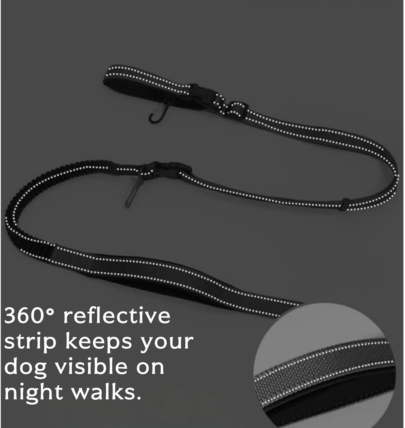 Kawlxpp Hands-Free Retractable Bungee Dog Leash 140&ndash;195 Cm Dual Padded Handles 360&deg; Swivel Clip Reflective Seat-Belt Buckle Waist & Handheld for Medium & Large Dogs (Black) - Black image number 2