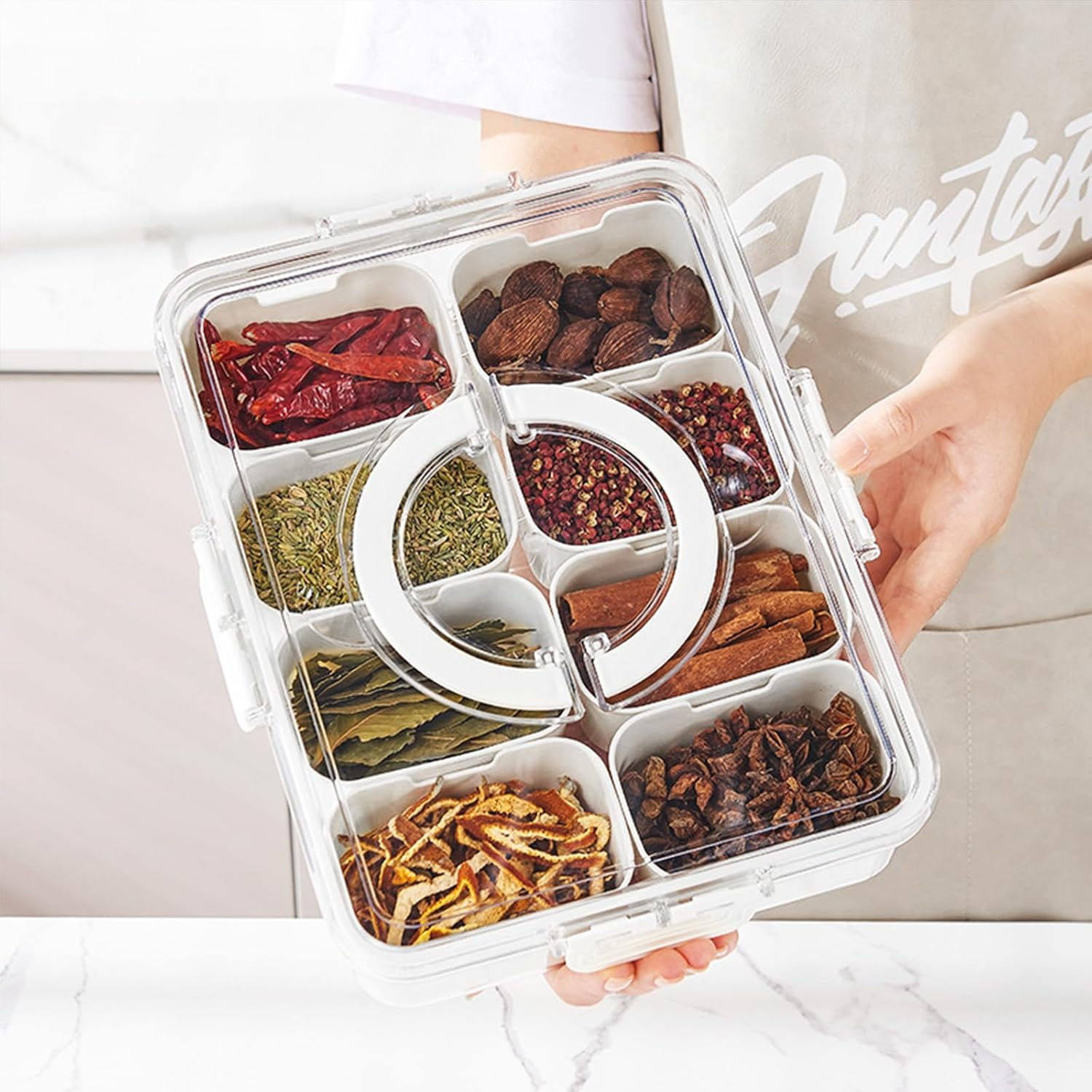 Divided Serving Tray with Lid and Handle, 2 Pack Snackle Box Charcuterie Container, Portable Snack Fruit Tray, Snack Platters Organizer with 8 Compartments for Nuts, Spices, Fruits, Snacks