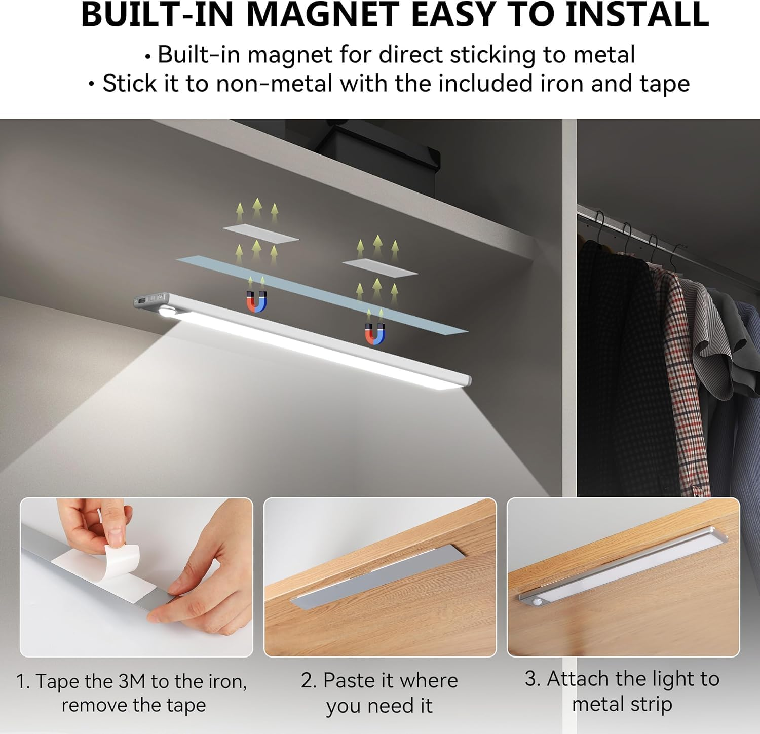 LED under Cabinet Light, Motion Sensor Lights Indoor Rechargeable 30Cm 54LED Closet Lighting, Wireless Night Light for Cabinet, Drawer, Wardrobe, Kitchen (Silver-White) - Black-White-2Pack image number 7