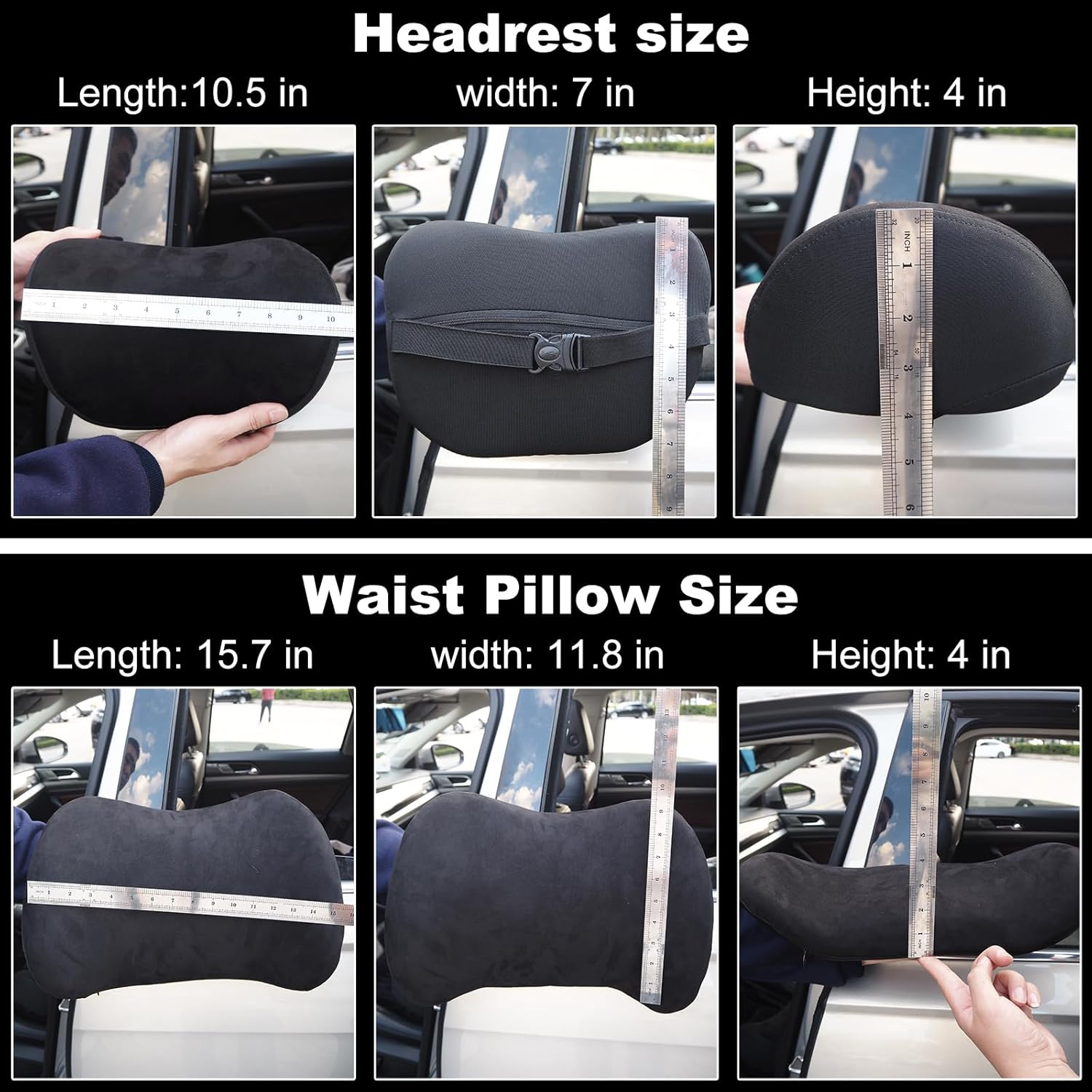 Car Headrest & Lumbar Support Cushion, Ergonomic Car Seat Headrest Neck Rest Cushion Lumbar Support Pillow Memory Foam & Breathable Removable Cover for Neck Back Pain Relief (Black)