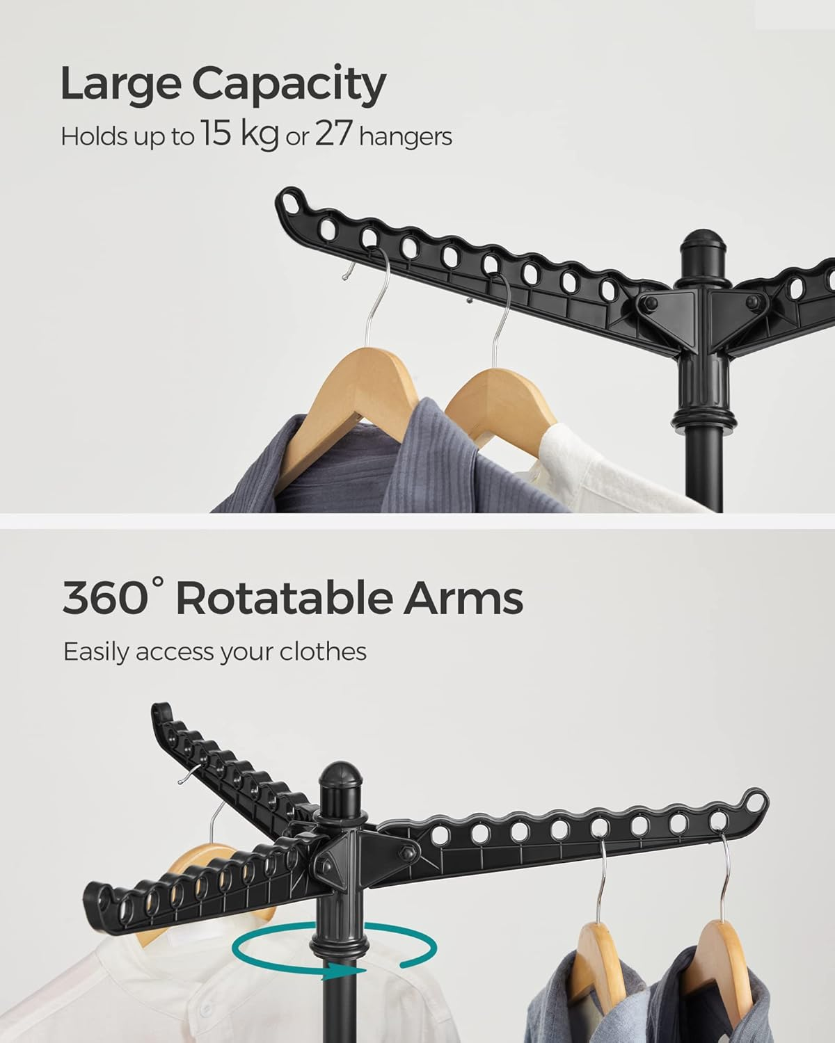 SONGMICS Clothes Airer, Clothes Drying Rack with 3 Rotatable Arms for Hangers, 4-Leg Indoor Folding Laundry Rack, Stainless Steel, for 27 Pieces of Clothes, 150 Cm High, Black LLR510B01 image number 2