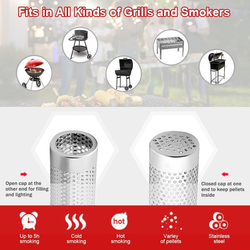 Premium Pellet Smoker Tube,Stainless Steel BBQ Wood Pellet Tube Smoker,5 Hours of Billowing Smoke - Hot or Cold Smoking,Smoker Tube with Brush and Hook for All Grill, Smoker (Silver) image number 2