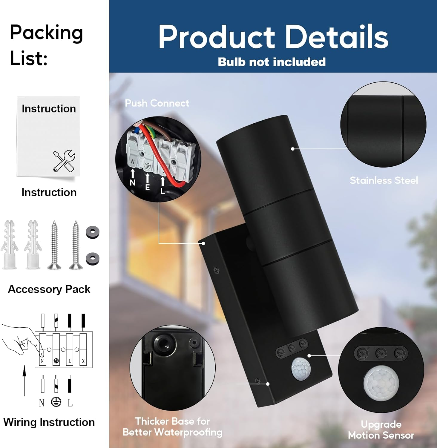 Kerry outside Wall Lights with Sensor, IP65 Waterproof up down Outdoor Lighting, External Pir Wall Mount Security Light, Black Stainless Steel Exterior Light Mains Powered for Front Door (Bulb Excl.) image number 3