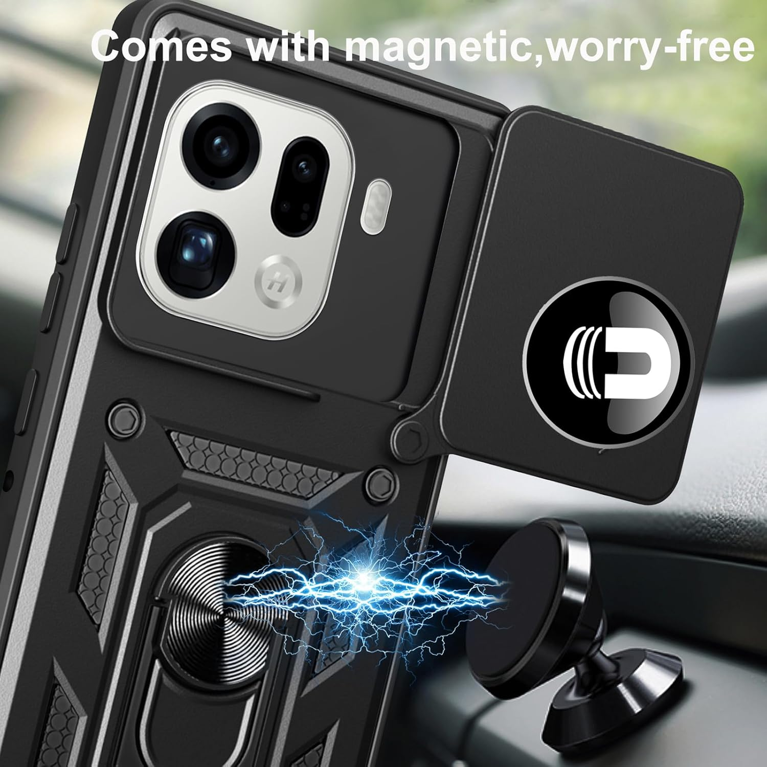 CONAPIKA Case for Oppo Find X9 Pro with 2 Tempered Glass, Heavy Duty Protective Cover Rotating Magnetic Car Bracket Camera Protection Sliding Cover Hybrid Soft Tpu+Hard PC Anti-Scratch Case,Black image number 1