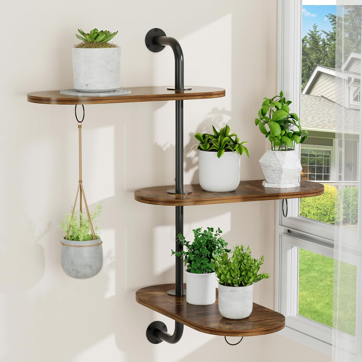 Rotating Window Plant Shelves 3 Tier, Plant Stand Indoor Outdoor Wooden Window Plant Shelf with 3 Circle Hook, 3 Anti-Slip Mats, Hanging Plant Shelf for Window, Plants, Flowerpots image number 1