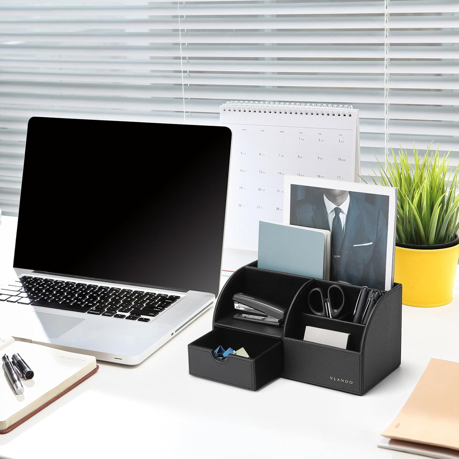 Vlando Office Supplies Desk Organizer Caddy, Desktop Hanging File Letter Document Storage Holder with Drawer Organizer Section for Office Home (Black) image number 4