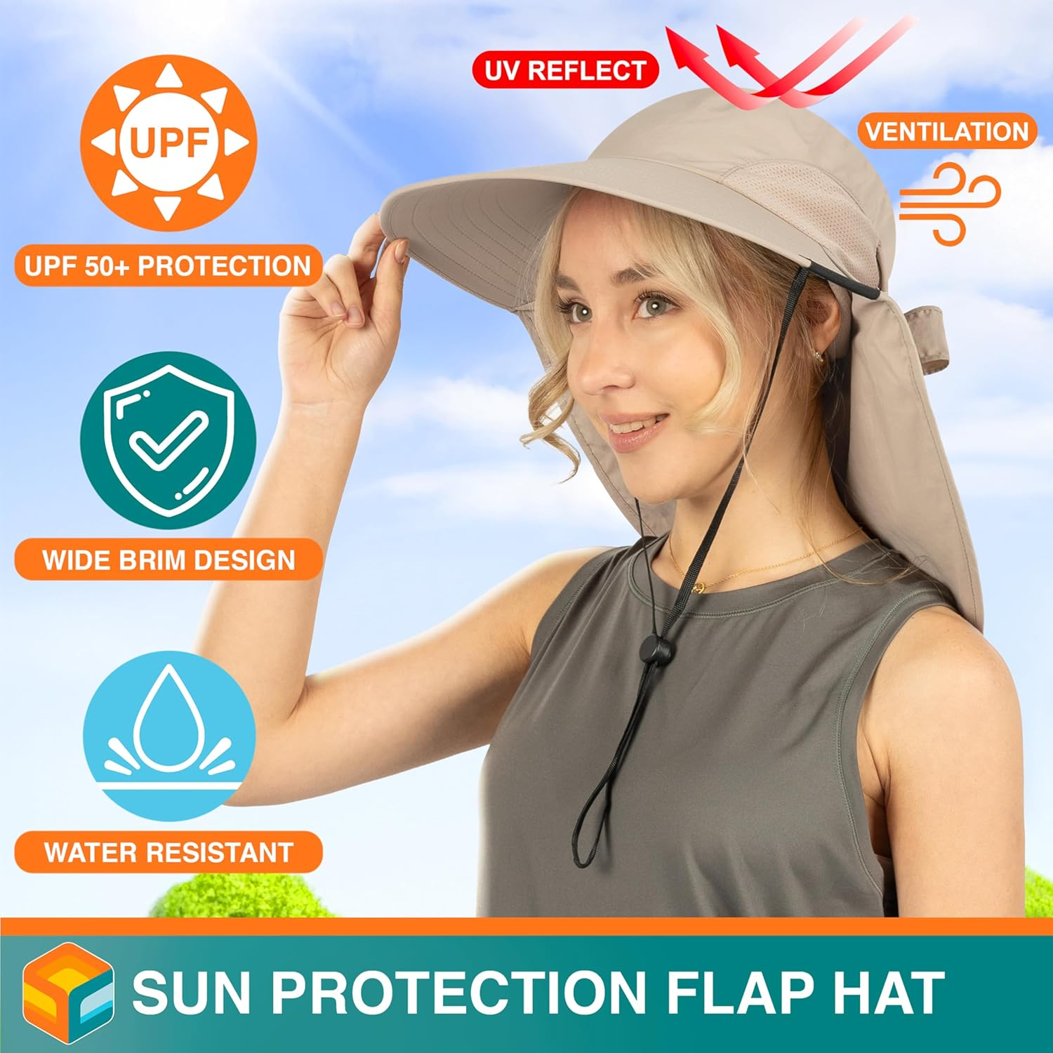 SUN CUBE Wide Brim Sun Hat with Neck Flap, UPF50+ Hiking Safari Fishing Hat for Men Women, Sun Protection Beach Hat, Tan with Bow, One Size image number 2