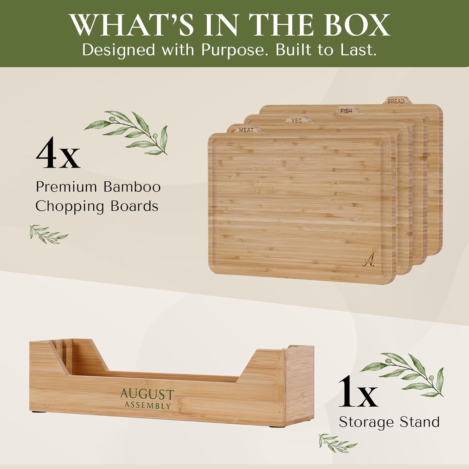 August Assembly Premium Bamboo Chopping Board Set &ndash; 4 Extra Large Cutting Boards with Juice Grooves, Stand & Thicker Boards | 36&times;26&times;1.5Cm image number 5