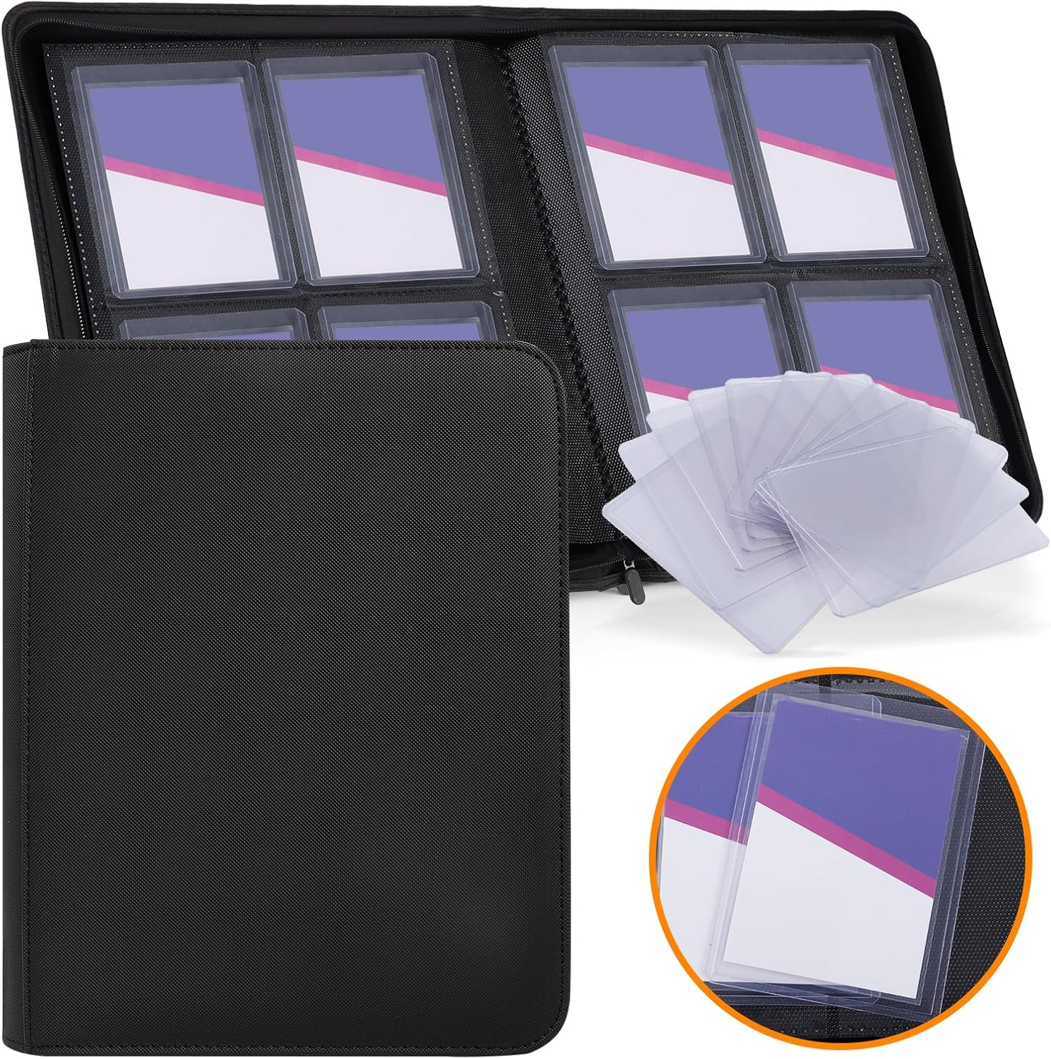 Zettokete Top Loader Binder 4 Pocket Holds 96 Cards, Toploader Binder Fit for 3" X 4" Top Loader, Trading Card Holder Album Fit for MTG, Yugioh, TCG, Sports Cards, 10 Toploaders Included, Black