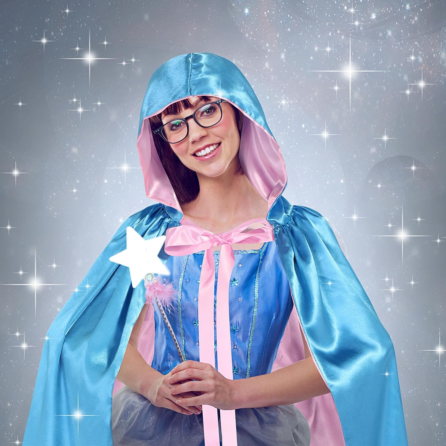 Haysandy Blue Fairy Hooded Cloak Costume, Polyester Cape Cosplay Cloak Princess Costume with Pink Ribbon for Women Girls image number 3