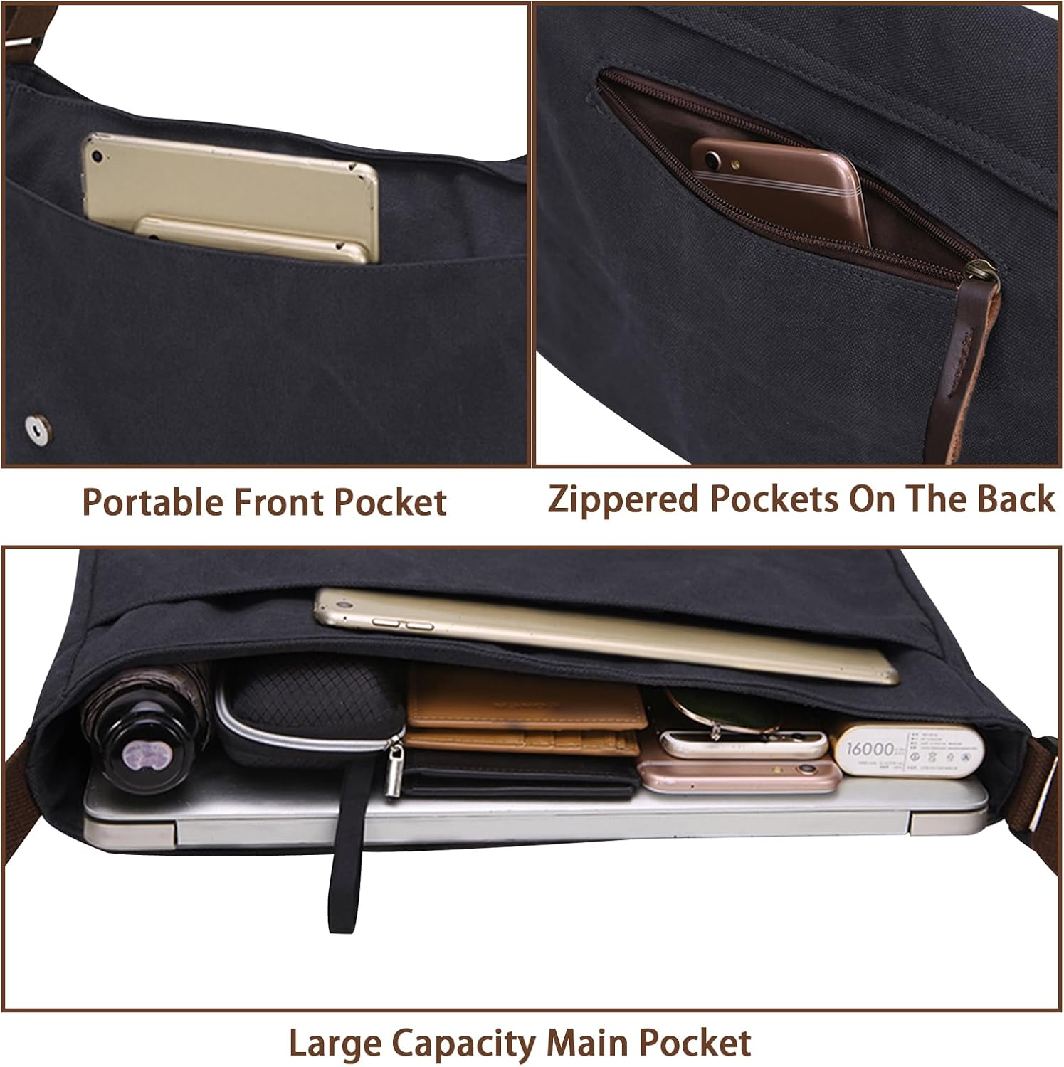 Lizbin Messenger Bag, Classic Vintage Messenger Bags, Canvas Messenger Bag, Shoulder Bag Crossbody Bag, Small Messenger Bag for Men Women, Crossbody Shoulder Bag Casual Work Bag (Black)