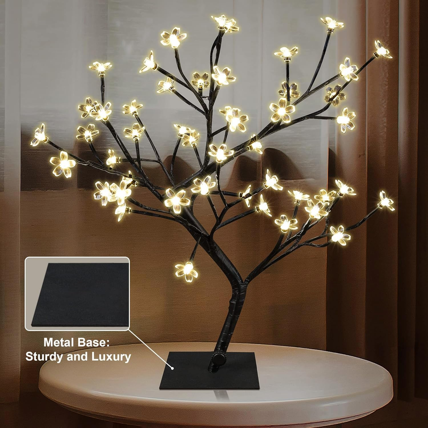 JIUSEGE 17 Inch Cherry Blossom Bonsai Tree with 48 LED Lights &ndash; Metal Base, Warm White Lights &ndash; Ideal Night Light, Bedside Table Lamp, Fairy Lights for Kids Room, Holiday & Christmas Decor image number 1