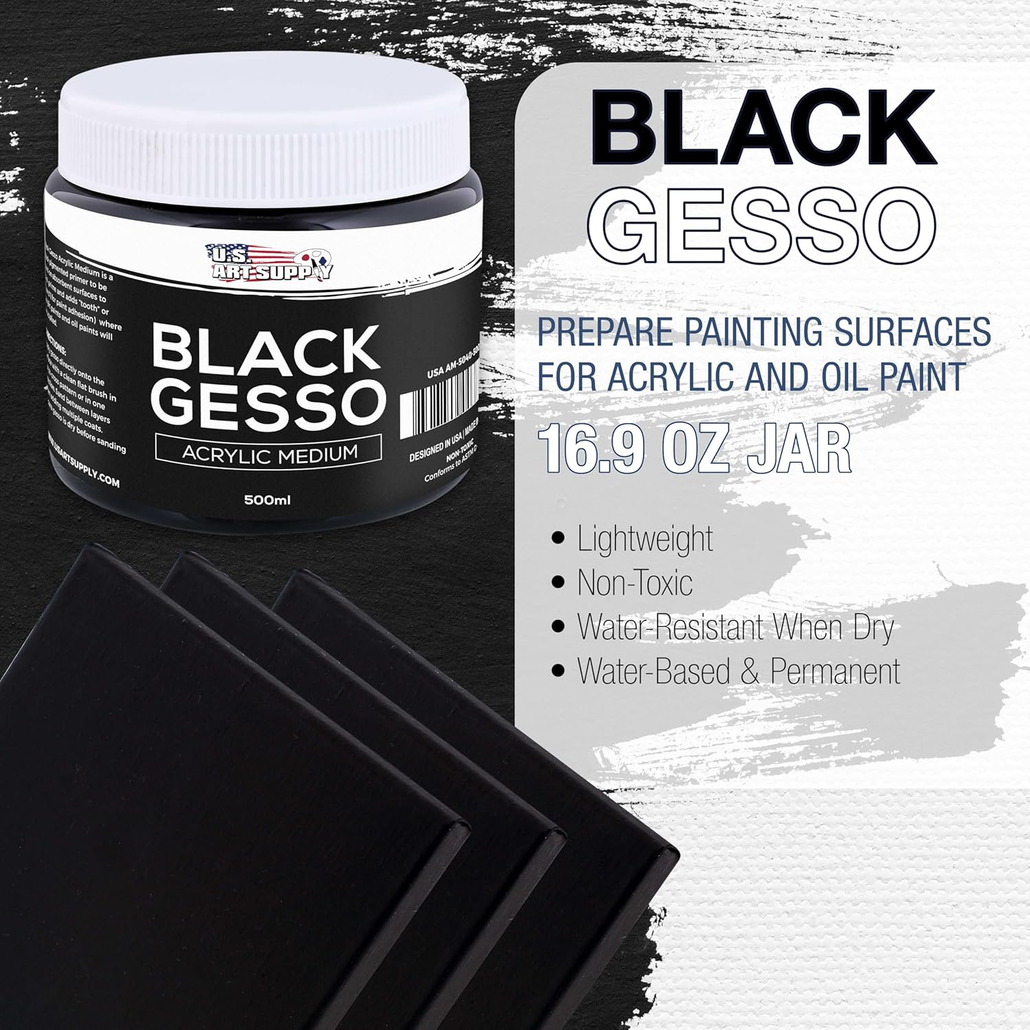 U.S. Art Supply Black Gesso Primer - 16.9Oz (500Ml) for Oil & Acrylic Paint - Superior Coverage, Canvas Prep, Mixable White Gesso Paint Artists - Black image number 6