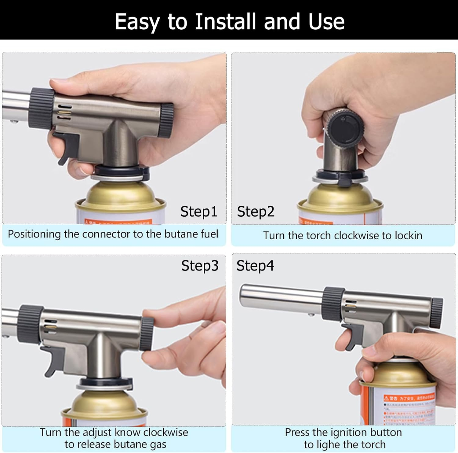 Butane Torch, Professional Kitchen Torch Lighter, Metal Case, 360&deg; Reverse Use, Adjustable Flame Shape Strength Gas Burner for Desserts Creme Brulee Baking BBQ Camping Soldering (Fuel Not Included)