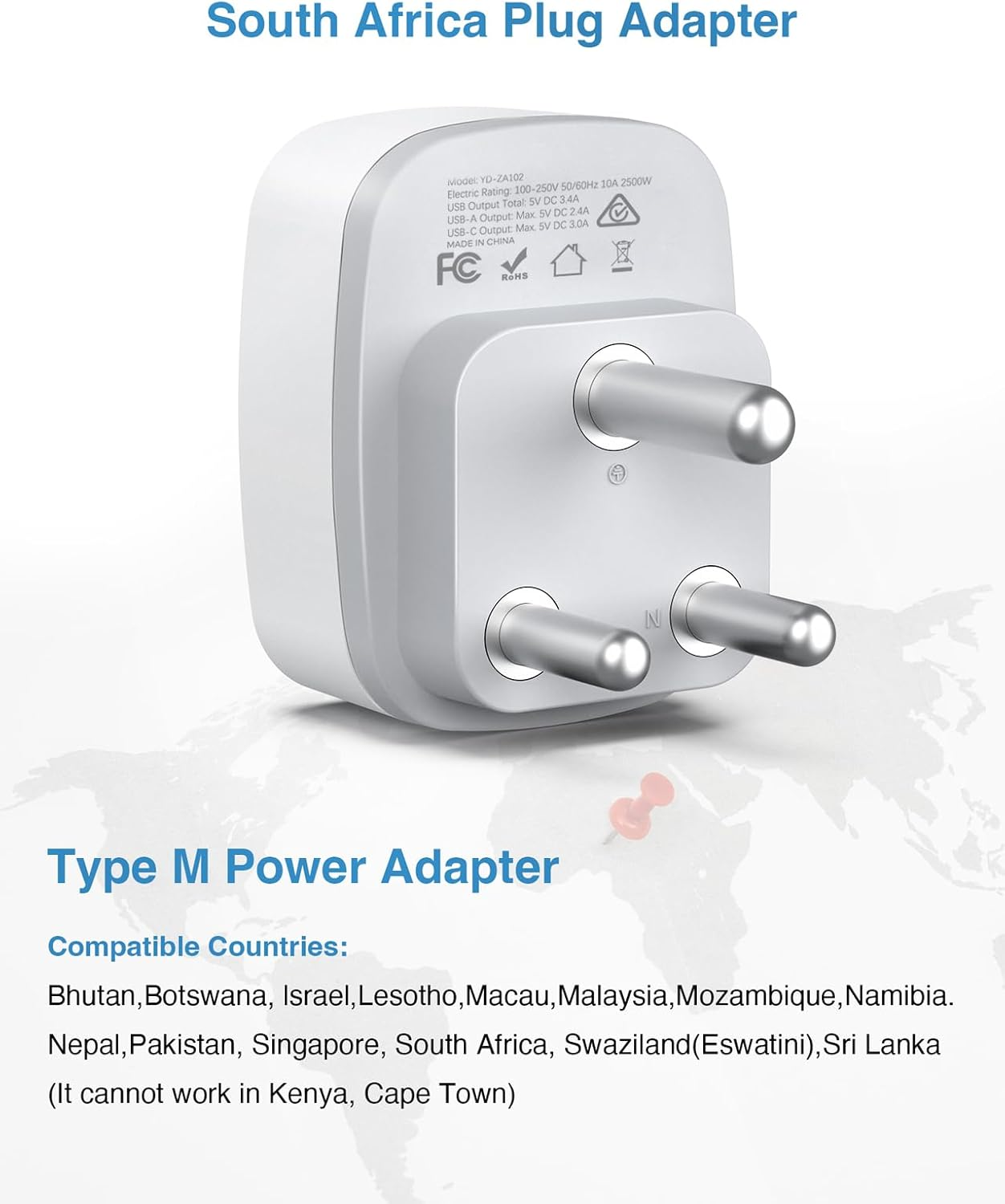 Dozianai South Africa Travel Adapter, AU to South Africa Plug Adapter,Type M Power Plug for Bhutan,Malaysia,Namibia,Nepal,Pakistan,Singapore, Sri Lanka-White image number 1