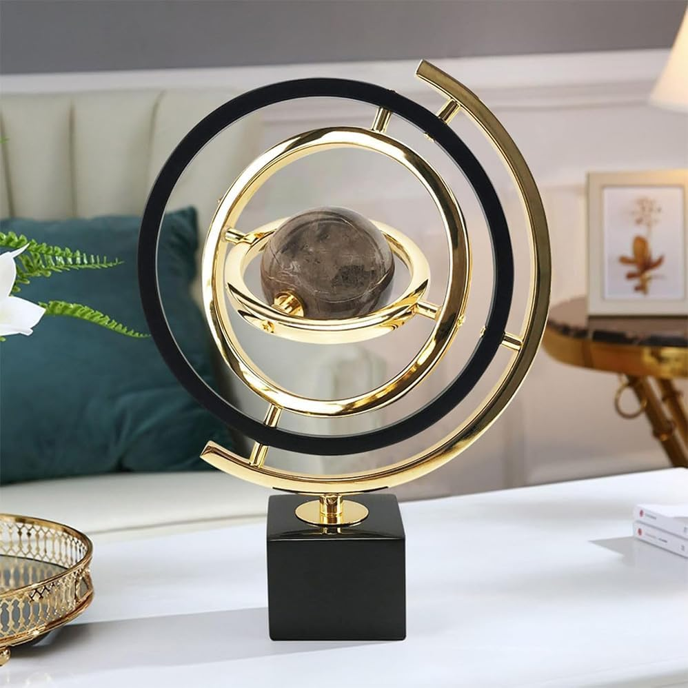 Decorative Statues, Modern Orbital Planet Sculpture Gold and Black Metal round Frame. Alloy Base. Flexible Rotating Desktop Abstract Globe Ornament.