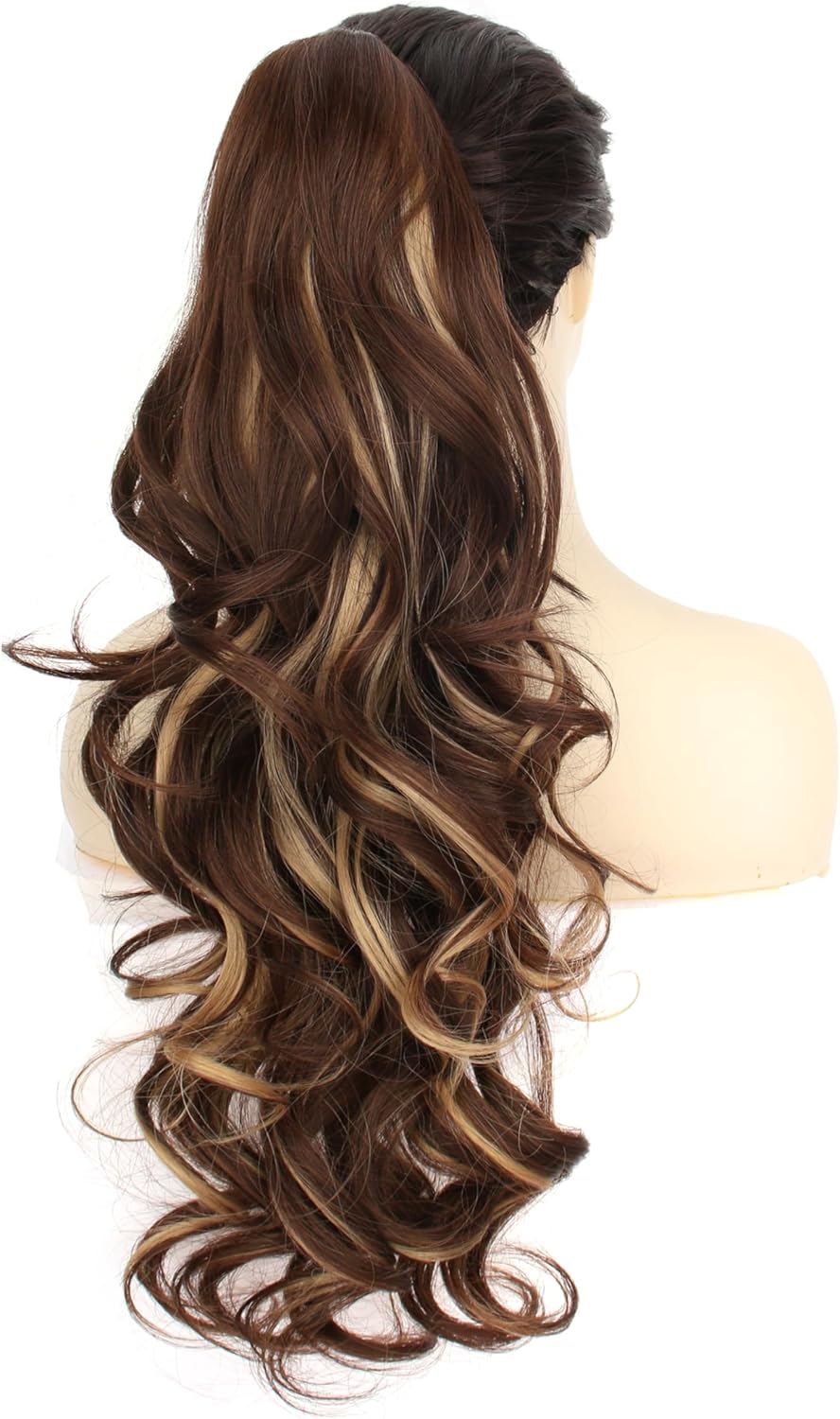 PORSMEER Ponytail Hairpiece with Clip, Claw Clip in Hair Extensions, 66 Cm Long Voluminous Wavy Ponytail Extension Hairpiece Braid Brown with Golden Highlights Colour for Women - Black/Brown image number 2