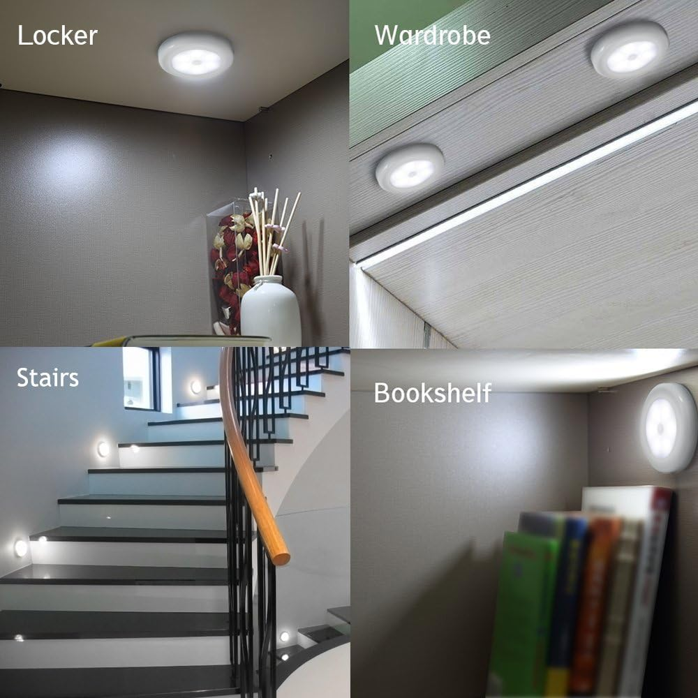 Novelty Place [Super Bright] LED Motion Sensor Lights - Cordless Battery Powered Built-In Magnets Optional Sticky Pads - Motion Sensing Bathroom Hallway Closet Nightlight - Pack of 3