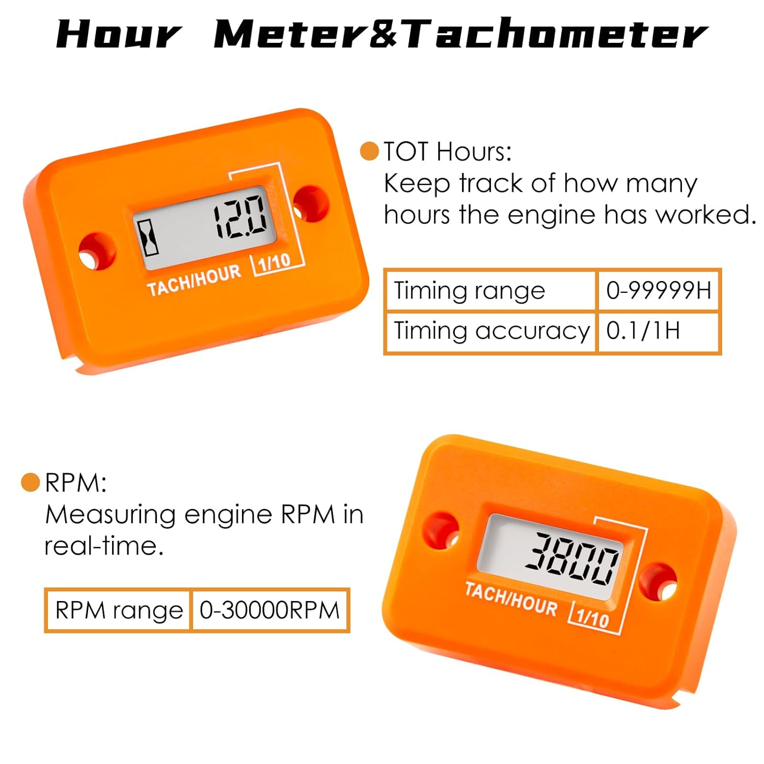 Nine-Rong Self-Powered Tach Hour Meter Digital LCD Inductive Tachometer Timing RPM Measuring Waterproof Design,For Gas Engine Lawn Mower Motorcycle Snowmobile Generator(2 Stroke)(Orange) image number 3