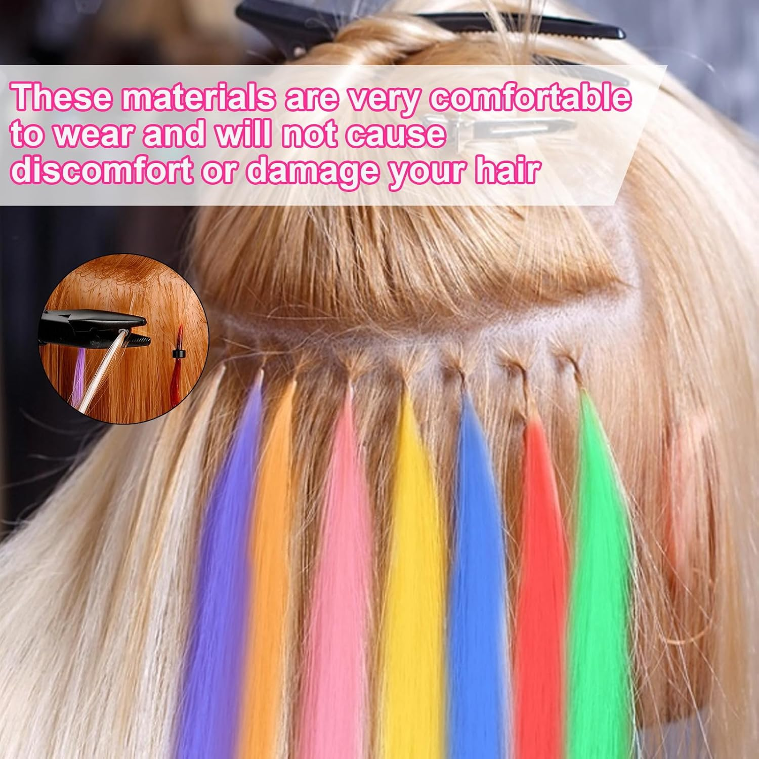 60 Piece Colourful Hair Extensions Set, Art Hair Extensions, Colourful Hair Strands, Children'S Glitter Hair Strands, Hairpiece, Pliers, Hook with 100 Beads, Ponytail Braids, Clip image number 4