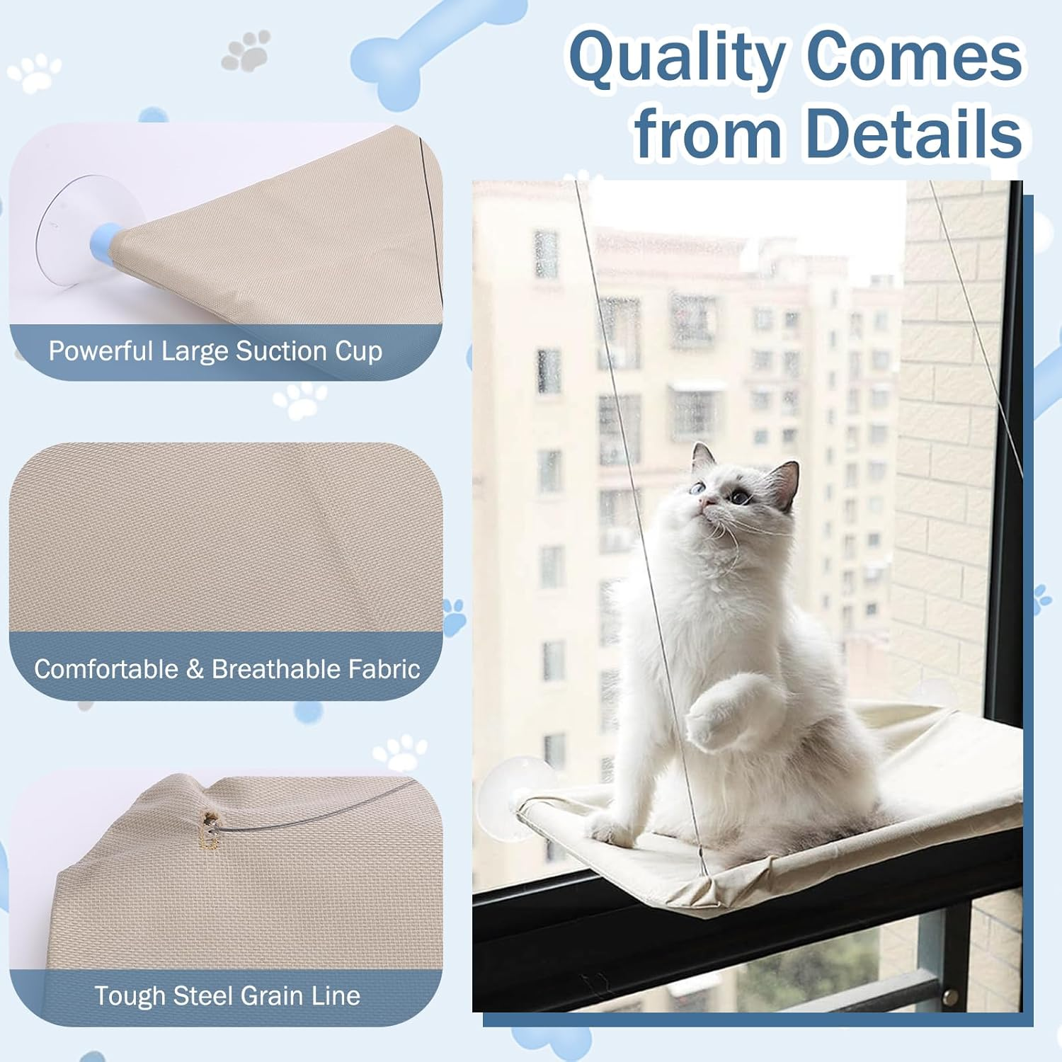 Cat Window Perch Bed with Strong Suction Cups, Foldable Cat Hammock Bed for Large Cats, Space Saving Wall Mounted Cats Resting Seat (Beige, 21.7" X 13.8") - Beige image number 5