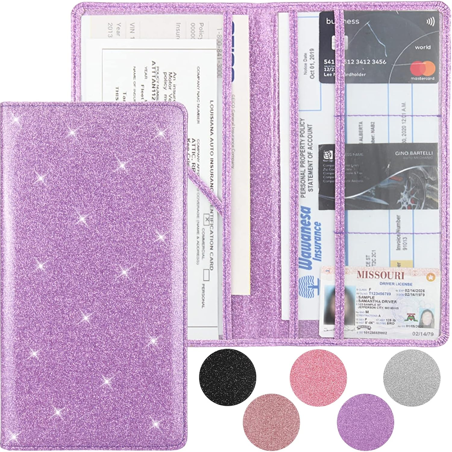 Bodskad Car Registration and Insurance Holder, Premium Leather Insurance and Registration Holder,Vehicle Glove Box Car Organizer, with Magnetic Shut for Cards, Driver License (Glitter Purple)
