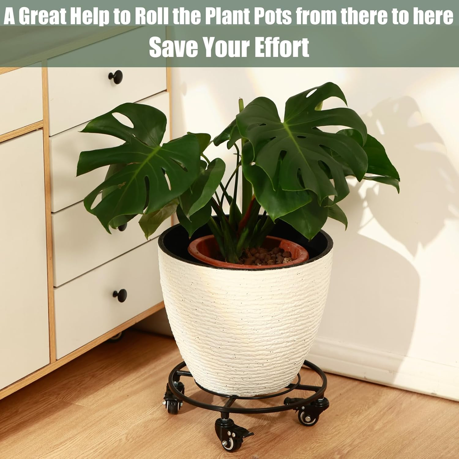 Kvyusflourish 2 Packs Large Metal Plant Caddy with Wheels 13.6" Rolling Plant Stands Heavy-Duty Wrought Iron Plant Dolly Plant Rollers Planter Mover with Casters, Strong Load Capacity image number 3