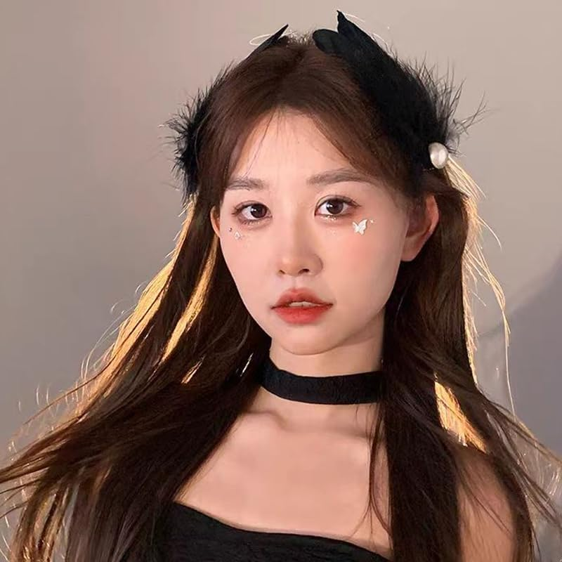 Halloween Party Hair Clips for Women Prom Feather Hair Clip Accessories for Girls Side Pearl Hair Barrette Elegant Sexy Hair Decorations Black Performance Cosplay Hair Clip Women Halloween Hair Outfit image number 1