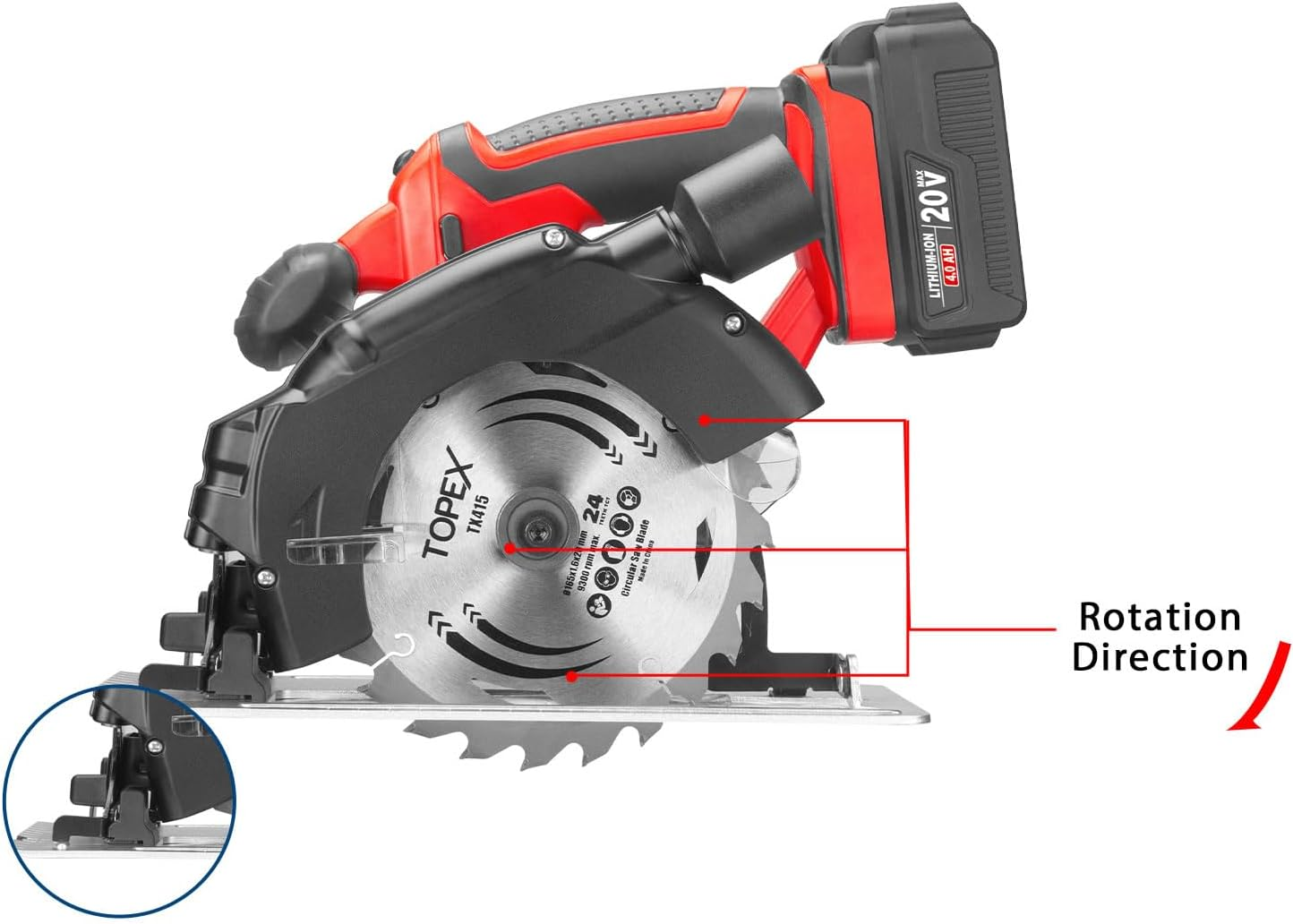 TOPEX 20V Circular Saw 165Mm Cutting Machine Professional Compact Lightweight 4,300RPM, 0&deg;- 45&deg; Bevel Cutting for Home Office Industry with 4.0Ah Battery & Charger image number 4