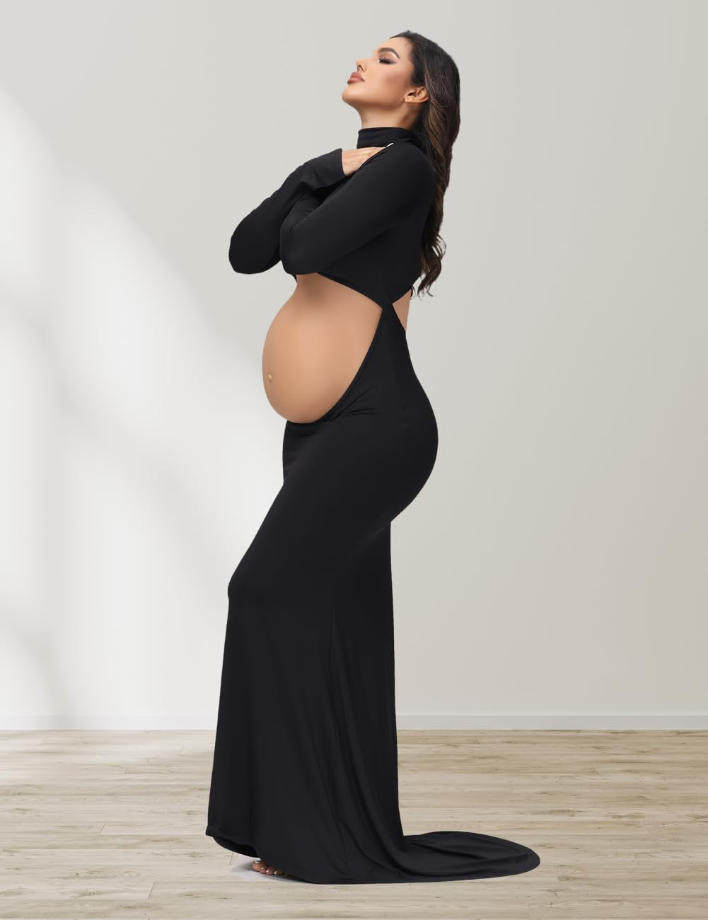 Justvh Women'S Maternity Crossover Mock Neck Photoshoot Dress Split Mermaid Maxi Photography Gown for Baby Shower image number 1