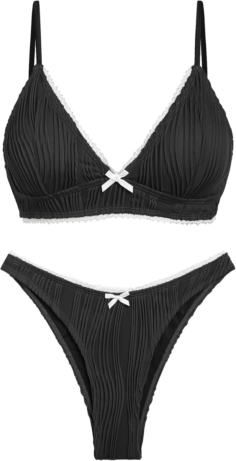 Seamoly Bikini Sets for Women Lace Ribbed Sexy V Neck 2 Piece Swimsuit Bowknot Adjustable Straps Thong Swimwear