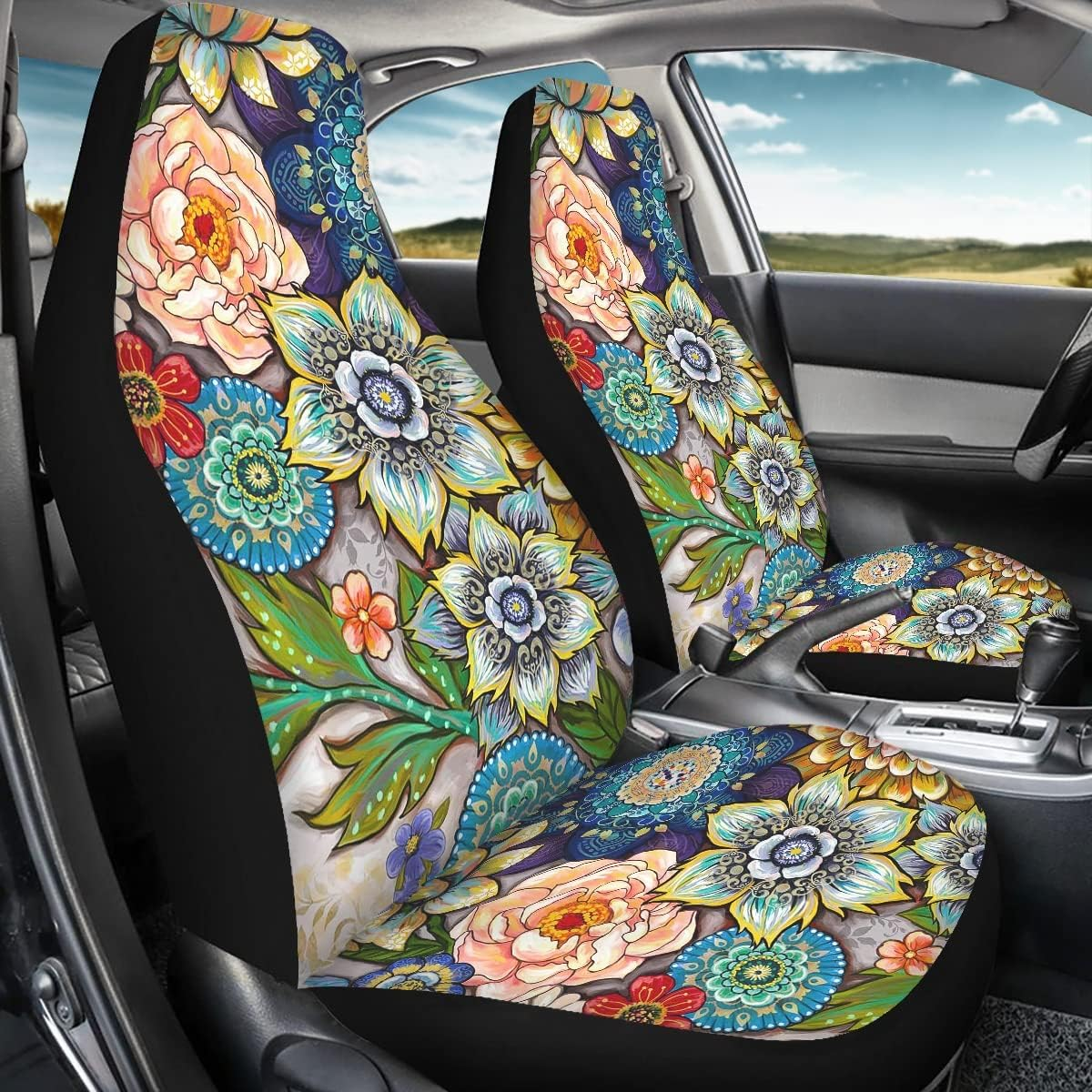 TOADDMOS Bright Blossoms Colorful Boho Floral Print Car Seat Covers for Women,Universal Auto Front Seats Protector Fits for Car,Suv Sedan,Truck image number 5