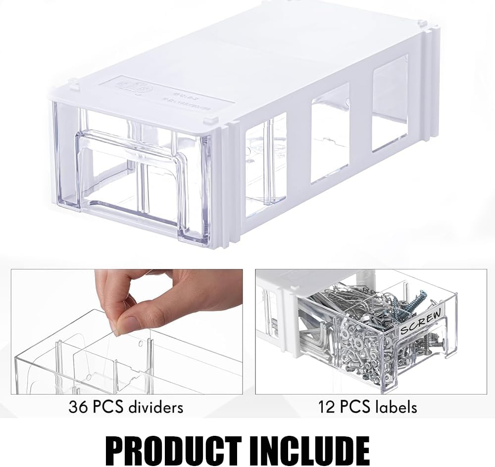 12 Pcs Drawer Stackable Storage Cabinet,Wall Mounted Plastic Drawers Storage Closet,36 Clear Dividers and 12 Tag Card Hardware Storage Bins,For Garage Home Office image number 2