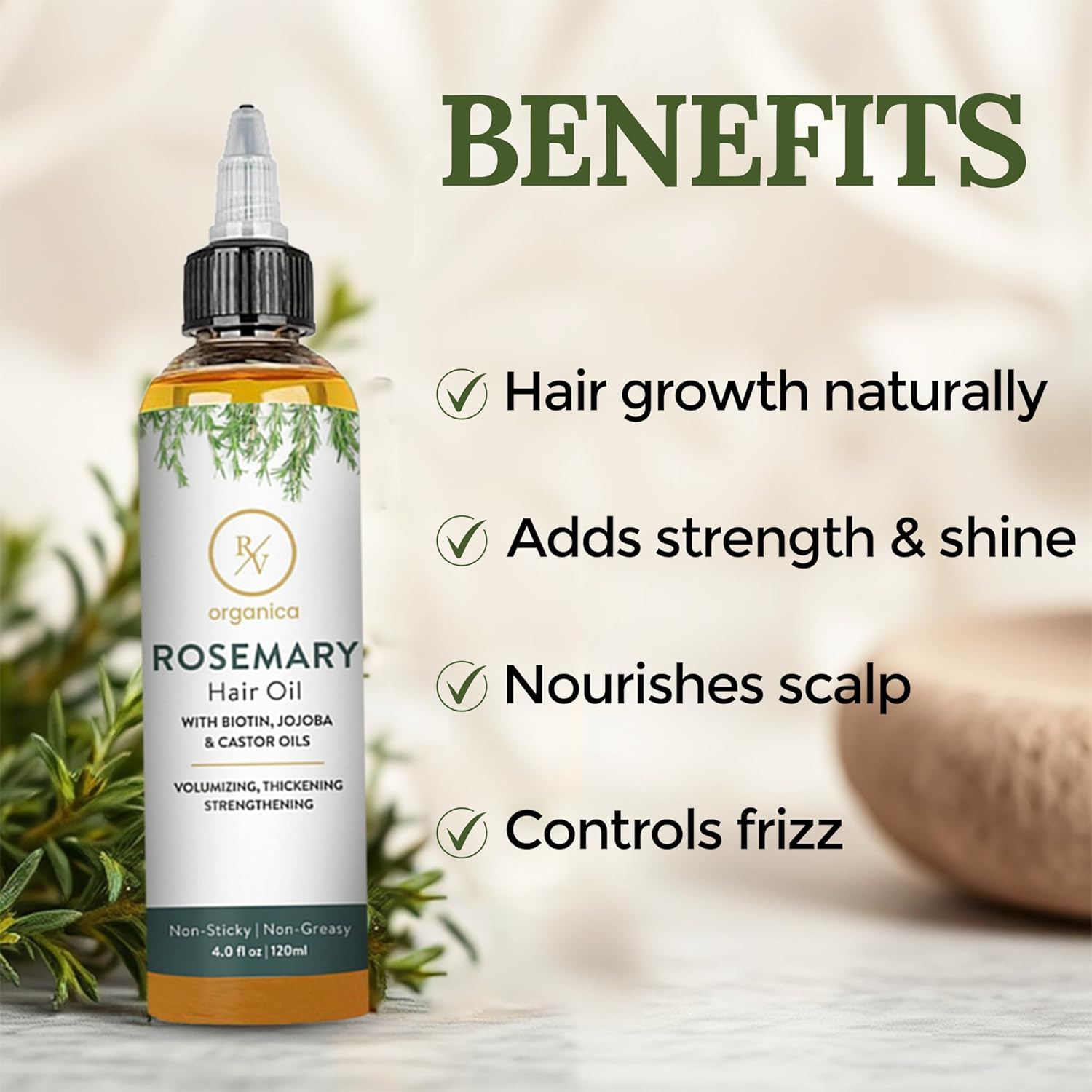 RV Organica Rosemary Oil for Hair | Infused with Biotin Jojoba and Castor Oil | for Strengthen and Thicker Hair | Soothes Dry Scalp | Men and Women Both | 4.05 Fl Oz image number 3