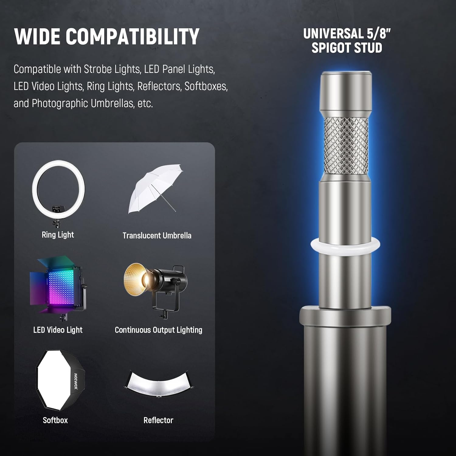 NEEWER 10Ft Heavy Duty Air Cushioned Light Stand with Casters, Adjustable Tripod Stand, Stainless Steel Photography Wheeled Stand for Studio Flash Softbox Monolight Reflector, SC305AW