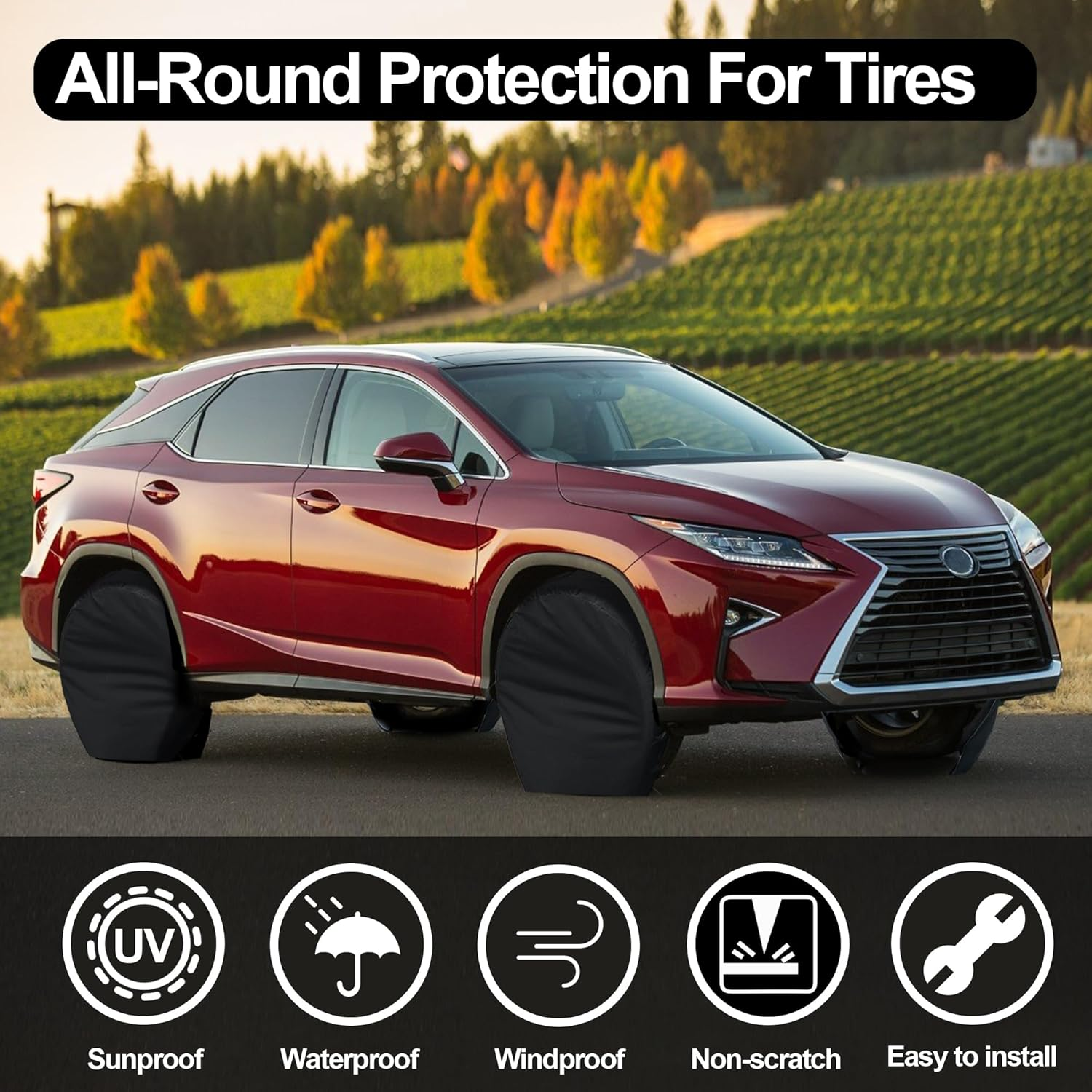 Tire Covers 4 Pack, Tough Tire Wheel Protector for RV, Truck, SUV, Travel Trailer, Jeep, Camper, Universal Outdoor Waterproof Windproof Tire Cover Set Fits Tire Diameters 27-29 Inches(Black) image number 4