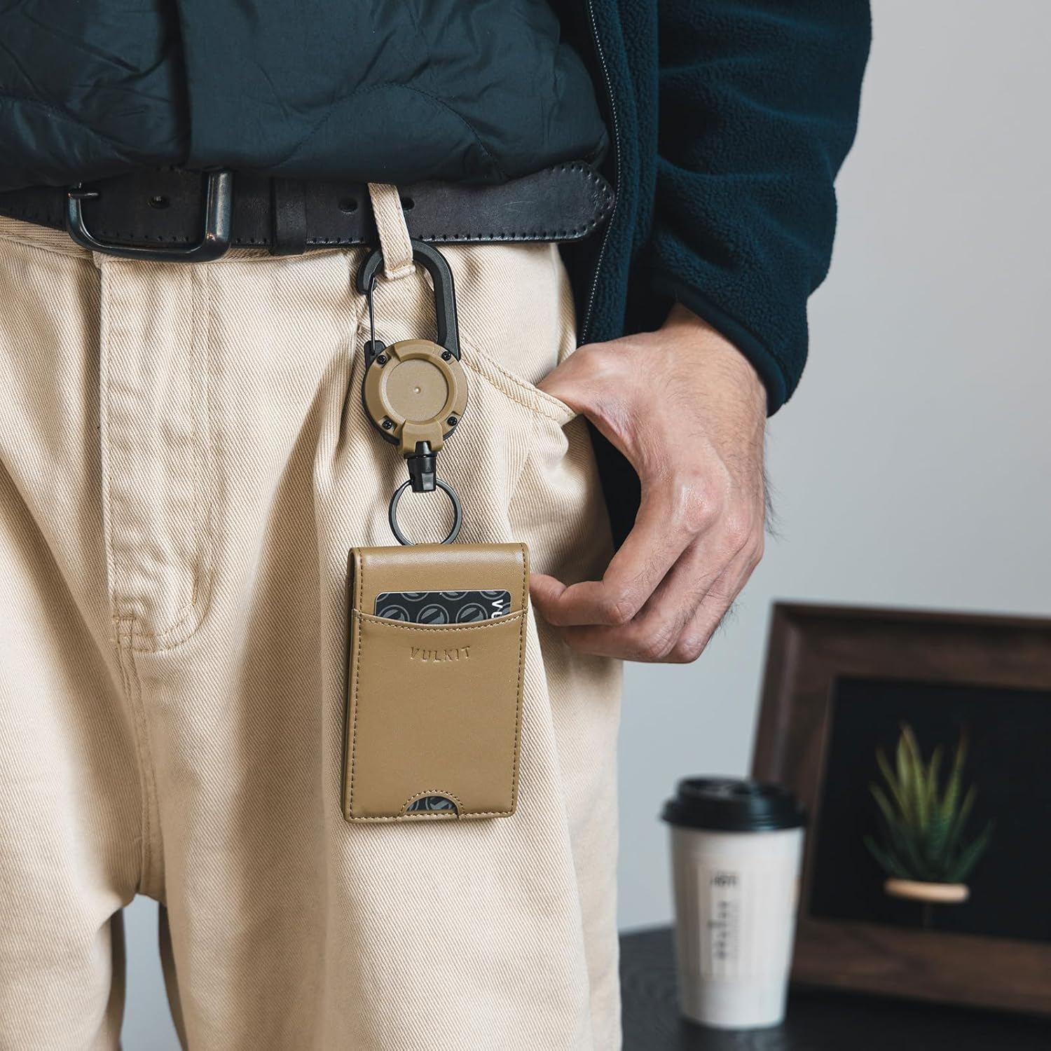 VULKIT Badge Holder Retractable Clip, Leather Bifold Double ID Card Holder, Retractable Keychain Carabiner, Holds 5 Cards, Keys Khaki - Khaki image number 5